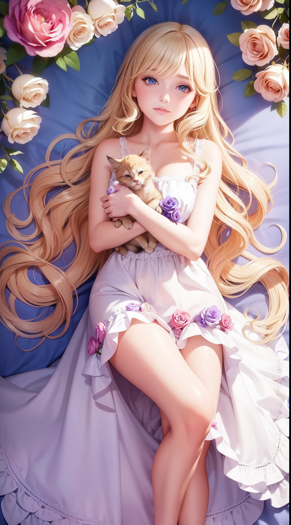 Beautiful and fantastic art illustration，Cartoon animation style，A super cute beautiful and pure blonde wavy curly girl，Hug the kitten，Romantic roses，Cream rose，Pink-purple roses，Lie in the flowers，Clusters and clumps，Wonderful，Best quality at best，A high resolution，Complicated details，fanciful，cute animal，64K Ultra HD resolution