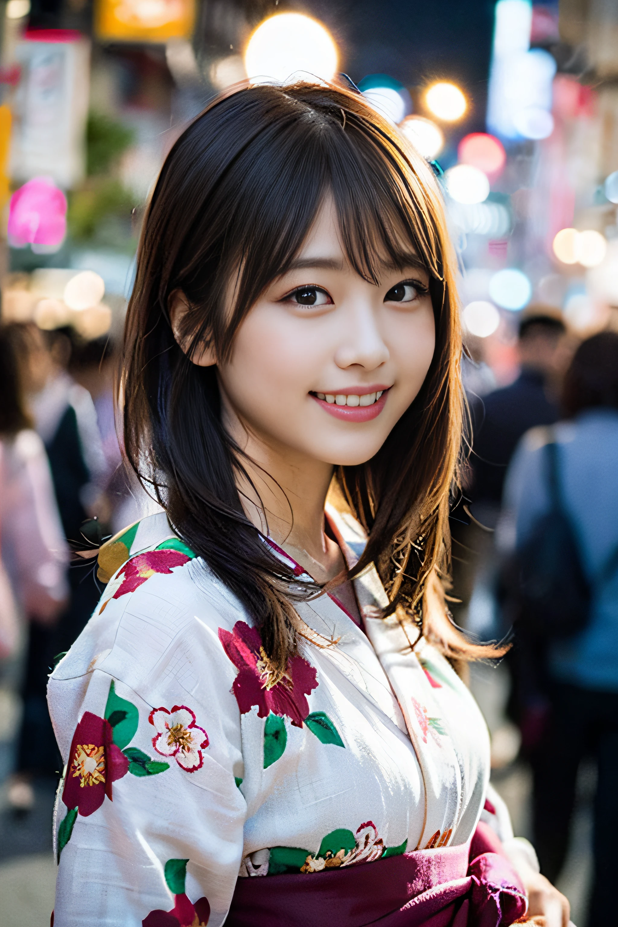 (8K、Raw photography、top-quality、masterpiece:1.2)、(realisitic、Photorealsitic:1.37)、ultra-detailliert、超A high resolution、1人、see the beholder、beautifull detailed face、A smile、Constriction、(Slim waist) :1.3)、Beautiful detailed skin、Skin Texture、Floating hair、Professional Lighting、Whole human body、Longhaire、a blond、Japan floral yukata、matsuri、In the street、sparklers、Bob Hair、Cheerful smile、
