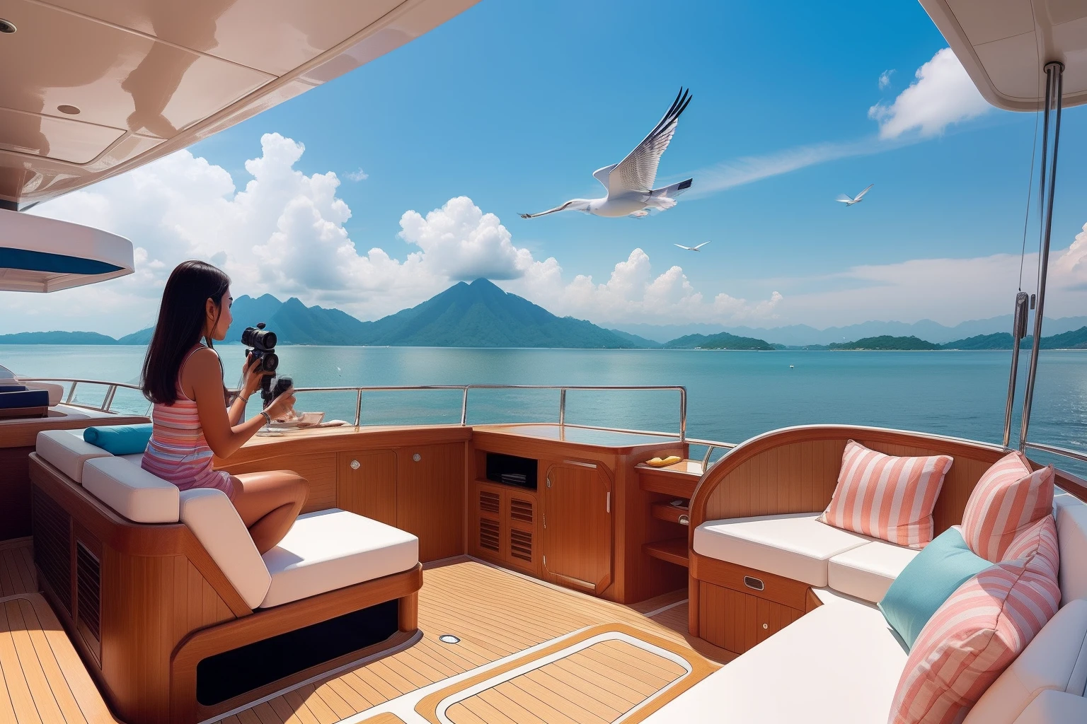 Year: 2023
Country: Malaysia
Description: Along the idyllic beaches of Langkawi, a luxury yacht gleams in the sun, adorned with bright pastel stripes. On the deck, an adult holds a camera, capturing the panoramic view of the coastline while seagulls glide above in the clear blue sky.
