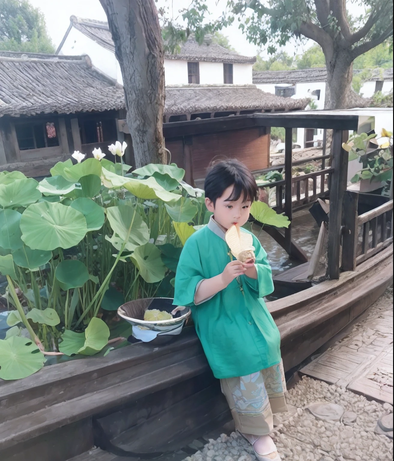 There was a standing on a boat,There are plants on board, zhouzhuang ancient town, standing gracefully upon a lotus, kid, sitting on a lotus flower, standing on a lotus, eating ice - cream, outside, having a snack, author:Li Zai, sitting in a small bamboo boat, inspired by Ye Xin, Eating