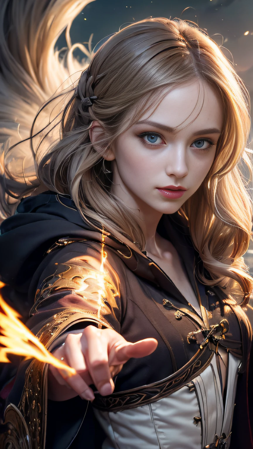 (skindentation:1.5), Realistic, Photorealistic, (masterpiece:1.5), concept art, intricate details, highly detailed, photorealistic, octane render, 8k, unreal engine, dynamic pose, best quality, highres, (realistic face:1.1), (hyperrealistic:1.1), ((full_body)), perfect eyes,(shiny skin:1.2), (((hairstyle))), (((perfect hands))), (extremely detailed background), ((dynamic background)), ((lightning)), (light rays), ((1girl)), wearing cloak, (((flowing cloak))), ((detailed eyes, high quality eyes, high quality face)), (extremely intricate robes, magical robes), short hair, casting lightning, electricity, swirling fire, radiating power, sparks, smoke, magic, ((dramatic)), epic, battlefield, depth of field, bokeh, 4k, gothic, ember, particles,