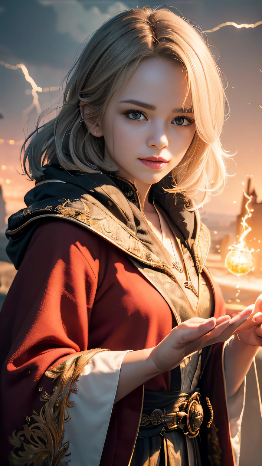 (skindentation:1.5), Realistic, Photorealistic, (masterpiece:1.5), concept art, intricate details, highly detailed, photorealistic, octane render, 8k, unreal engine, dynamic pose, best quality, highres, (realistic face:1.1), (hyperrealistic:1.1), ((full_body)), perfect eyes,(shiny skin:1.2), (((hairstyle))), (((perfect hands))), (extremely detailed background), ((dynamic background)), ((lightning)), (light rays), ((1girl)), wearing cloak, (((flowing cloak))), ((detailed eyes, high quality eyes, high quality face)), (extremely intricate robes, magical robes), short hair, casting lightning, electricity, swirling fire, radiating power, sparks, smoke, magic, ((dramatic)), epic, battlefield, depth of field, bokeh, 4k, gothic, ember, particles,