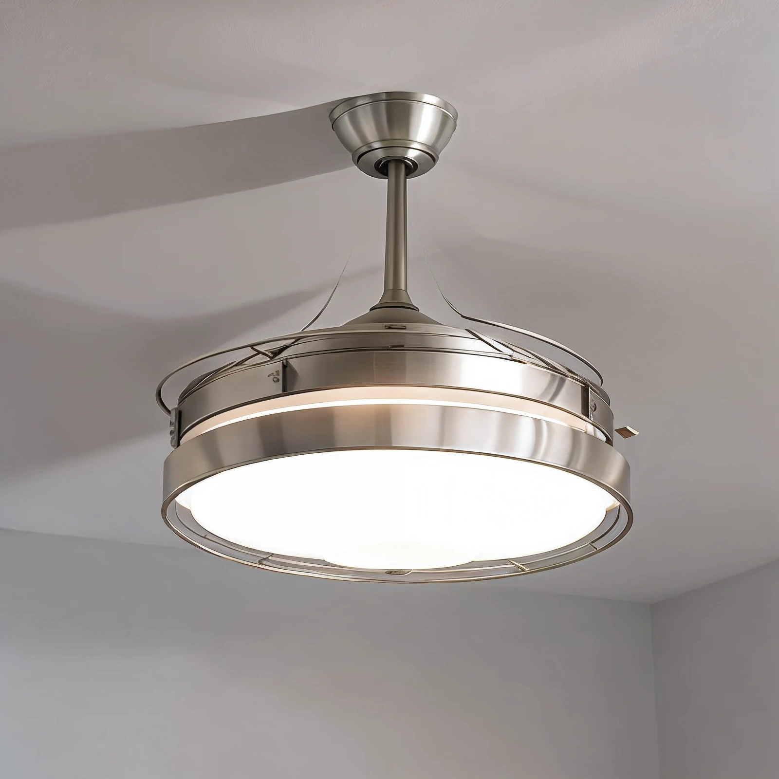 There is a ceiling fan with lights, A ceiling fan, Overhead light, over head lighting, light fixtures, Diffuse overhead light, Modern lighting, symmetrical rim light, Indoor light, bright rim light, ceiling hides in the dark, indoor dim light, ethereal lighting - h 640, low ceiling, fluorescent ceiling lights, exceptional lighting