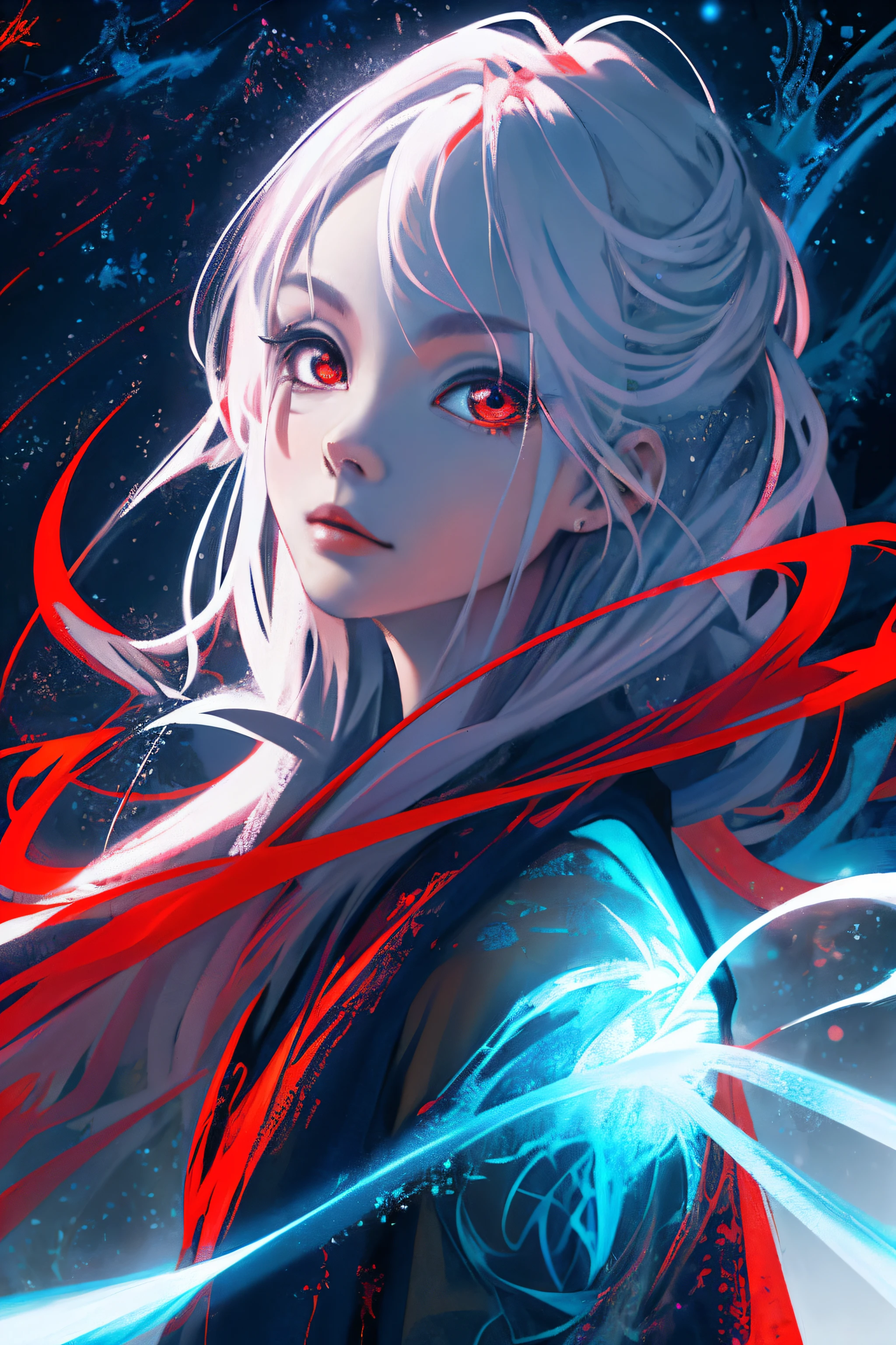 realisticlying、Masterpiece quality、best qualtiy、offcial art、Beauty and aesthetics:1.2、Very detailed fractal art、Colorful abstract background、Kizi、Kamimei、The color hair、long whitr hair、luminous red eyes、Mysterious magic、Girl of Ice and Fire,Red and blue color scheme,cinematric light