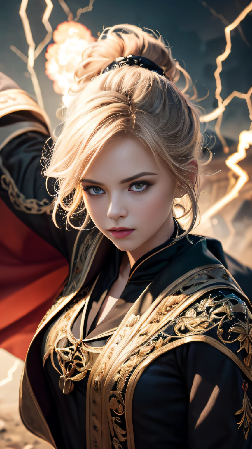 (skindentation:1.5), Realistic, Photorealistic, (masterpiece:1.5), concept art, intricate details, highly detailed, photorealistic, octane render, 8k, unreal engine, dynamic pose, best quality, highres, (realistic face:1.1), (hyperrealistic:1.1), ((full_body)), perfect eyes,(shiny skin:1.2), (((hairstyle))), (((perfect hands))), (extremely detailed background), ((dynamic background)), ((lightning)), (light rays), ((1girl)), wearing cloak, (((flowing cloak))), ((detailed eyes, high quality eyes, high quality face)), (extremely intricate robes, magical robes), short hair, casting lightning, electricity, swirling fire, radiating power, sparks, smoke, magic, ((dramatic)), epic, battlefield, depth of field, bokeh, 4k, gothic, ember, particles,