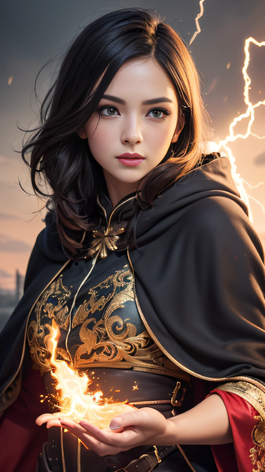 (skindentation:1.5), Realistic, Photorealistic, (masterpiece:1.5), concept art, intricate details, highly detailed, photorealistic, octane render, 8k, unreal engine, dynamic pose, best quality, highres, (realistic face:1.1), (hyperrealistic:1.1), ((full_body)), perfect eyes,(shiny skin:1.2), (((hairstyle))), (((perfect hands))), (extremely detailed background), ((dynamic background)), ((lightning)), (light rays), ((1girl)), wearing cloak, (((flowing cloak))), ((detailed eyes, high quality eyes, high quality face)), (extremely intricate robes, magical robes), short hair, casting lightning, electricity, swirling fire, radiating power, sparks, smoke, magic, ((dramatic)), epic, battlefield, depth of field, bokeh, 4k, gothic, ember, particles,