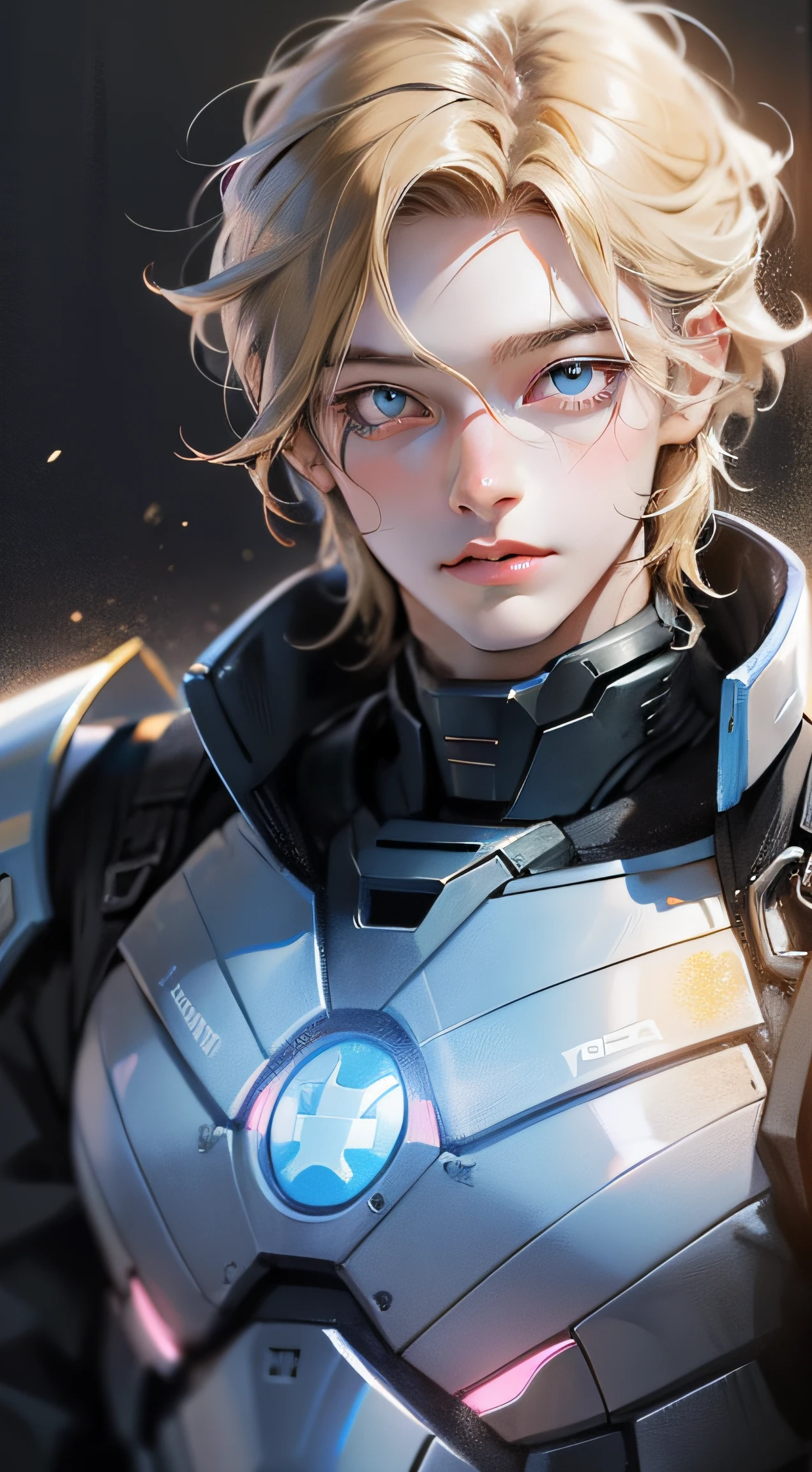 Realistic、masuter piece、High quality、Best Quality、Official art、aesthetics、Very detailed、Colorful、A young man, short light blond hair, Light blue eyes, Autobot Light Blue Armor, masutepiece, hiquality, head shot