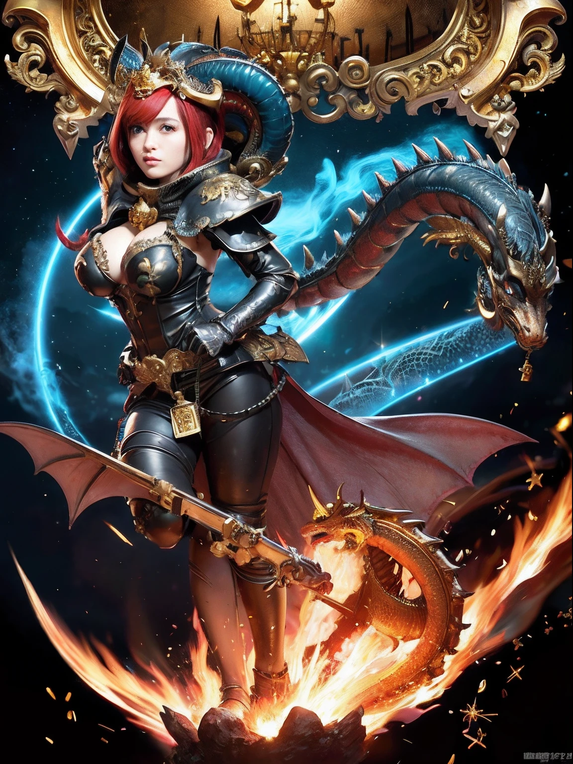 (masutepiece), Professional , masterpiece、top-quality、photos realistic , depth of fields 、(Dragon Black Metal Body:1.9),(Matte Blue Black、(cleavage of the breast)、Dragon Gold Weapon(Dragon Metal Body:1.4),Gorgeous gold weapons ,(( Dragon's dense and gorgeous sword)) , (demonic wings) ,warhammer 40k , adepta sororitas,Detail and gorgeous crown、((Red hair))、(Castle background)、((Gangle's forest background))、Beautiful Caucasian beauty、1a person、dynamic ungle,(((Detailed and ornate dragon helmet)))、Smaller head、A smile、Castle background、Thin and beautiful female hands、cleavage of the breast、Soldier in iron armor on background、Mystical expression、Light Effects、intense fighting、Wind-effect、magic circles、With the legendary magic wand、Dragon's tail、