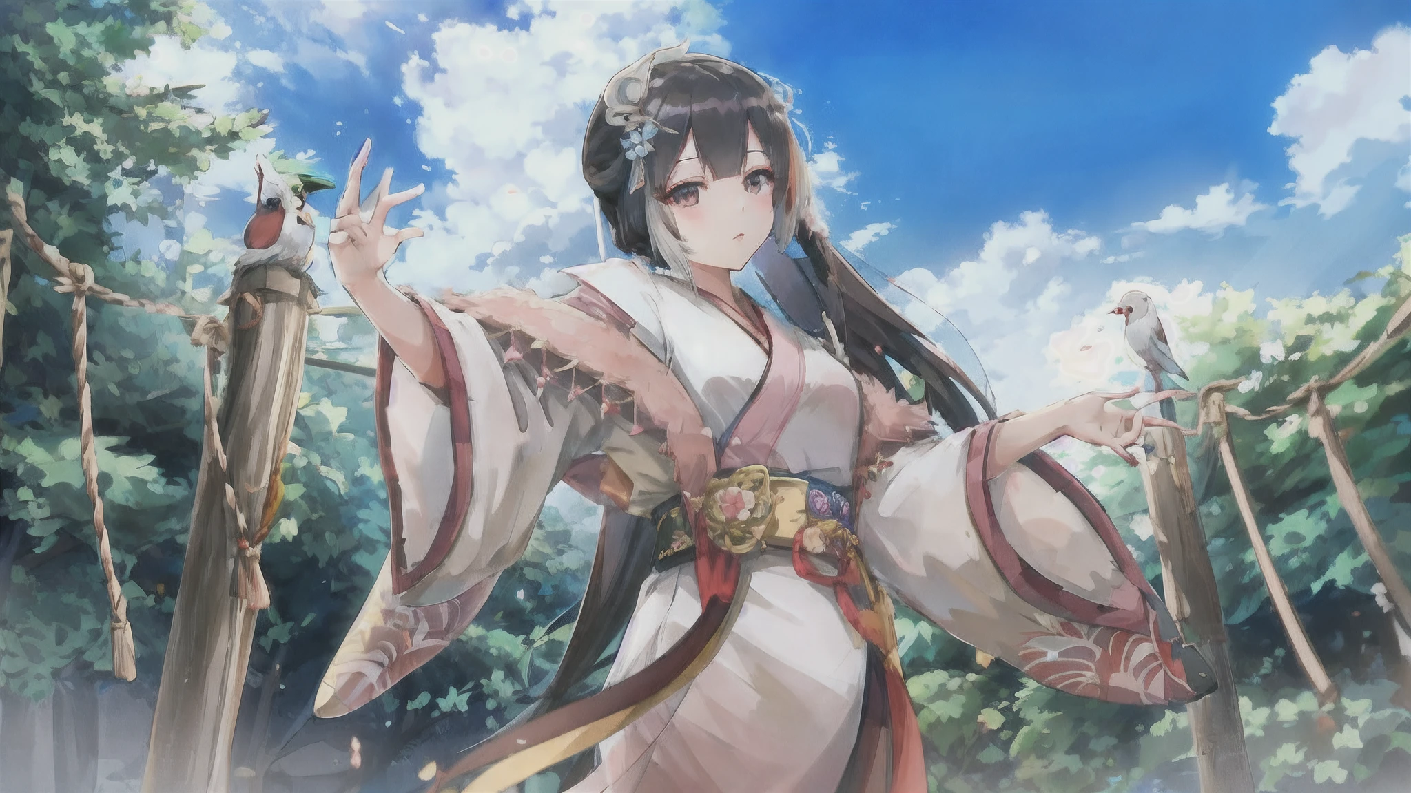 Anime girl in kimono holding a bird,onmyoji portrait,onmyoji detailed art,cute anime waifu in a nice dress,anime goddess,palace,A girl in Hanfu,shikamimi,Smooth anime CG art,Waifu,ehime,komono。