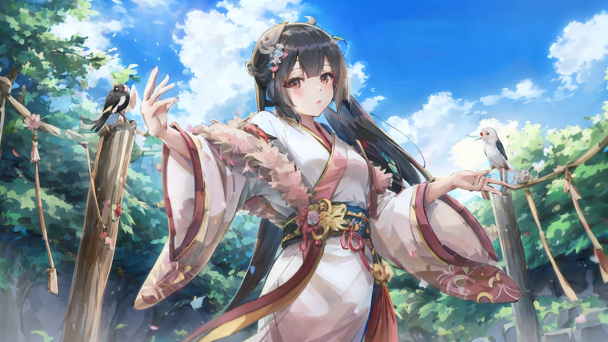 Anime girl in kimono holding a bird,onmyoji portrait,onmyoji detailed art,cute anime waifu in a nice dress,anime goddess,palace,A girl in Hanfu,shikamimi,Smooth anime CG art,Waifu,ehime,komono。