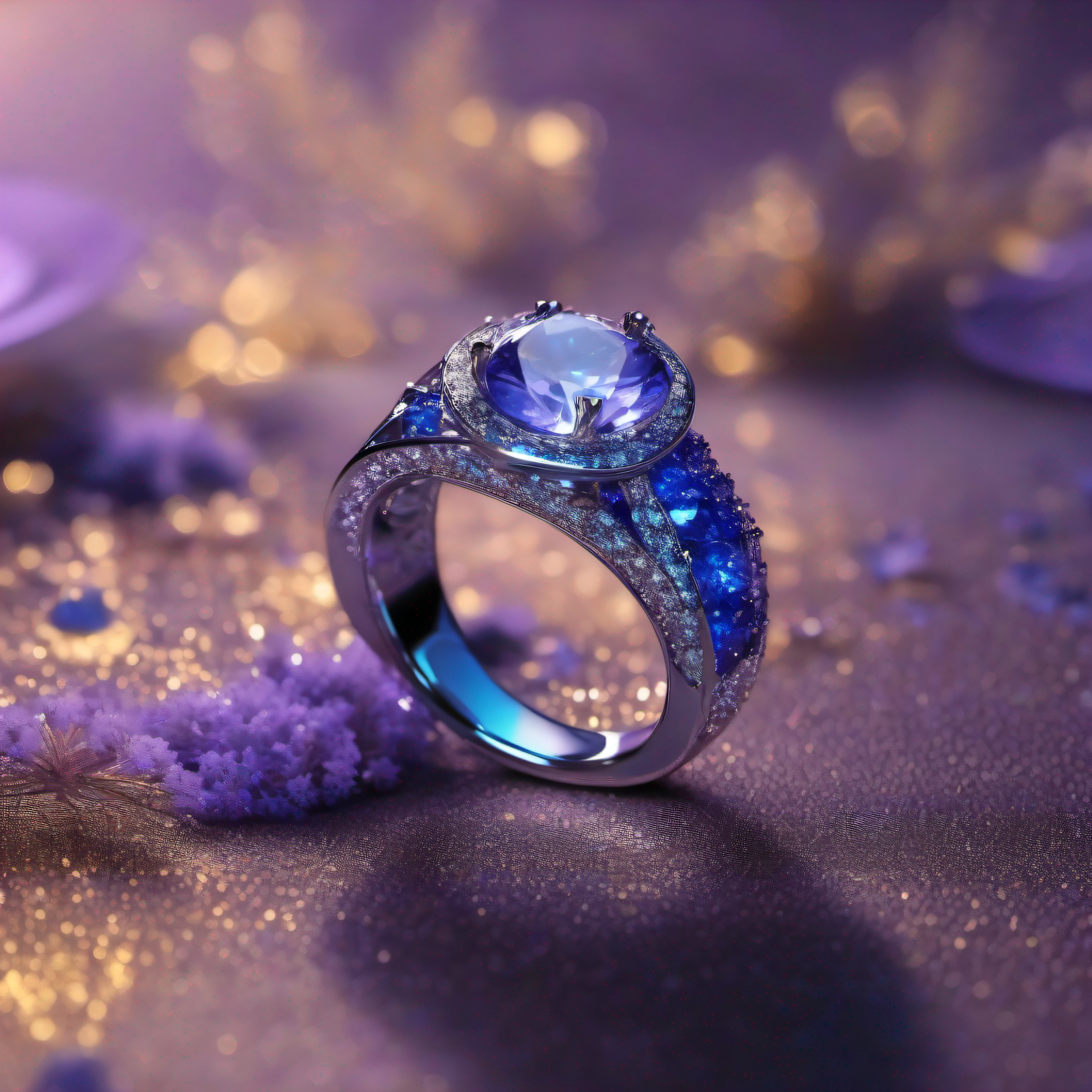 Masterpiece，highest quallity，(Rien que la bague)，(No man),The ring is set with a phoenix，Starrysky，Wrapped around the end from start to finish，Delicate silver ring，Starry sky in the ring,Brilliance，Inverted image，Sparkling blue-violet gemstones，Elegant and noble,Backgound simple