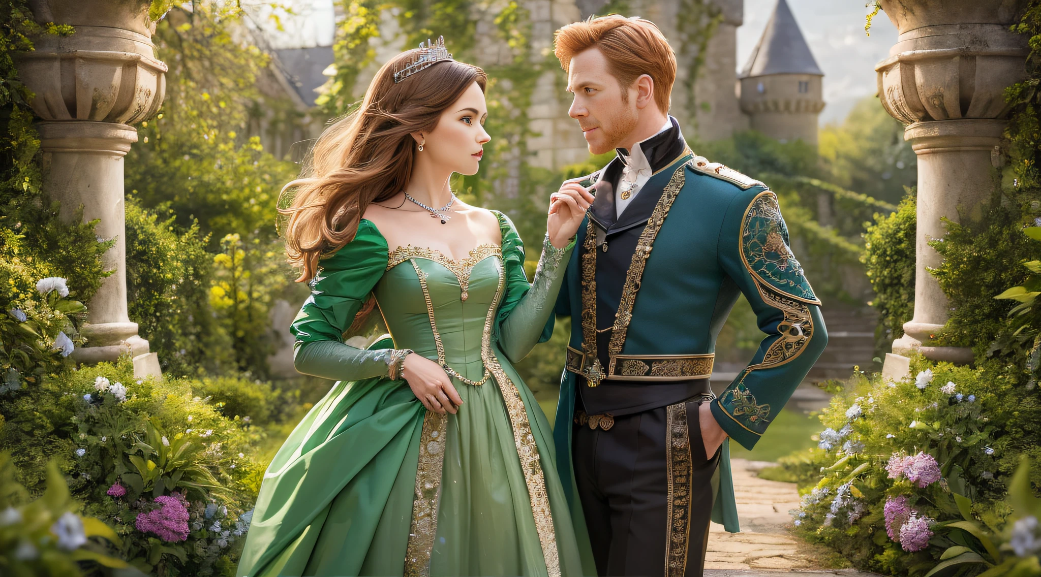 Alexandra Moen with light brown hair in princess style with green dress and emerald jewels in the garden of the castle realistic princess outfit next to Damian Lewis in prince costume