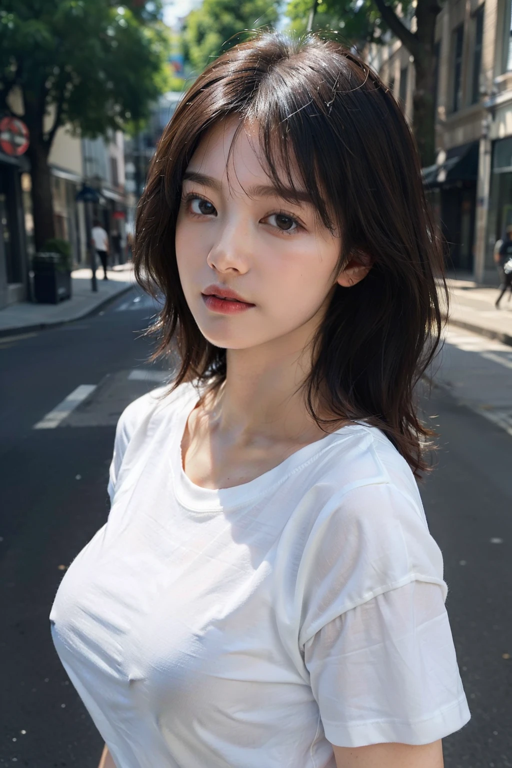 ((top-quality、8k、​masterpiece：1.3))、Crisp focus：1.2、Beautiful Women in Perfect Style：1.4、((Dark brown hair、huge tit：1.2))、(white t-shirts:1.1)、Street:1.2、Highly detailed facial and skin texture、A detailed eye、二重まぶた