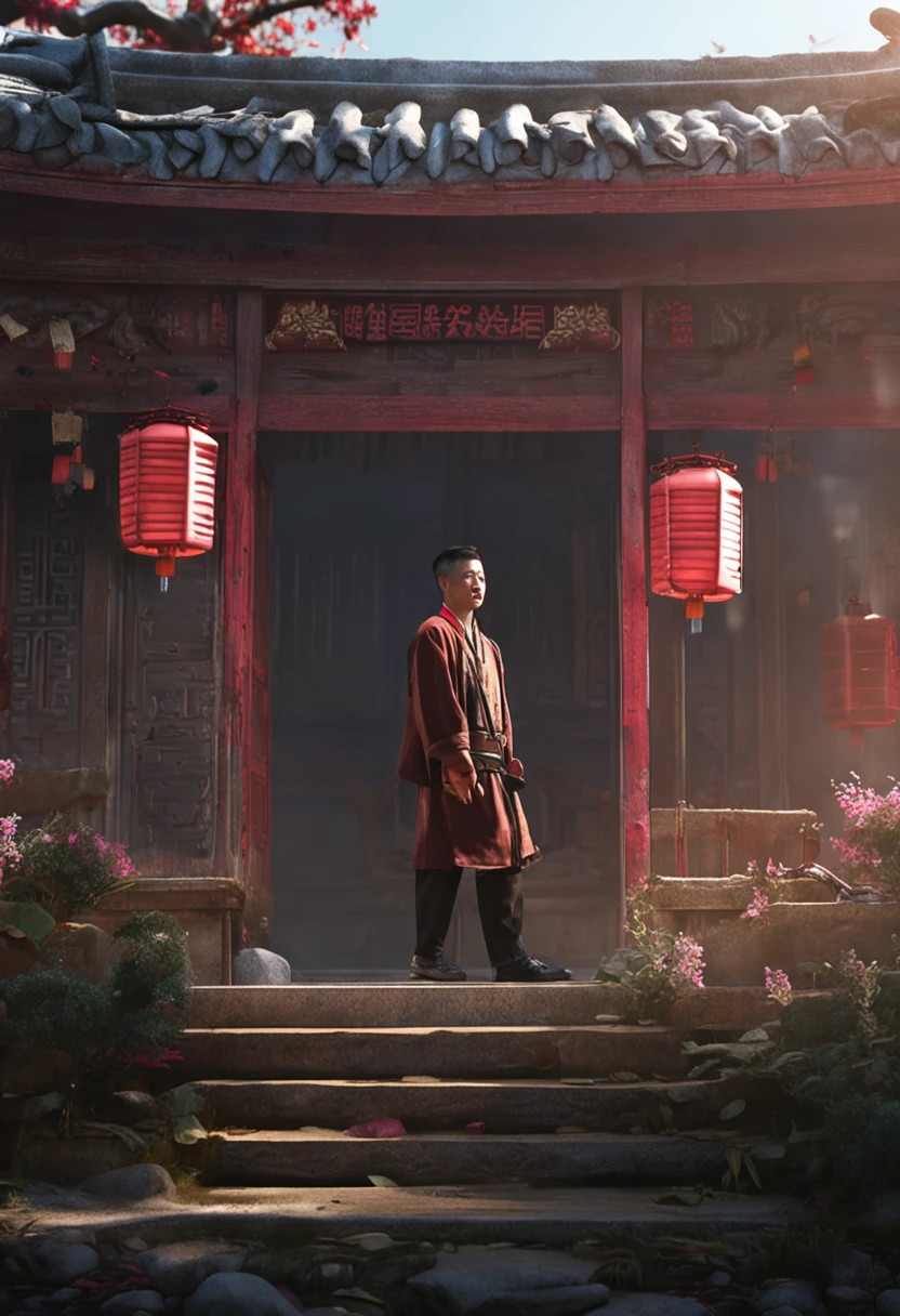Security guard Xiao Xu turned his back to the ancient house，Stand outside the fence，Look at the entrance of the ancient house。