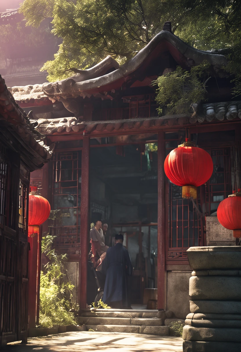 Security guard Xiao Xu turned his back to the ancient house,Stand outside the fence,Look at the entrance of the ancient house。