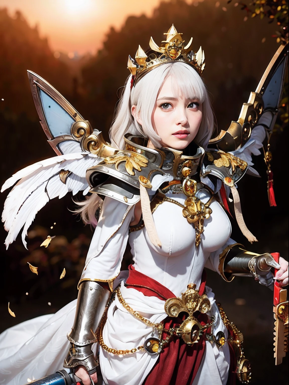 Professional , ​masterpiece、top-quality、photos realistic , depth of fields 、(A dark-haired) 、（Gemstone White Metal Body:1.９),(Matte White、Jewel Gold Weapon（Jewel Metal Body:1.４),Gorgeous metal weapons ,（（ Detailed and gorgeous sword of the brave）） ,Light Effects、intense fighting、Wind-effect、magic circles、 (A dark-haired)  ,warhammer 40k ,Detail and ornate jewel crown、（（Micro Bikini Armor））、（（Gangle's forest background））、Beautiful Caucasian beauty、１a person、dynamic ungle,(((Detailed and ornate diamond crown)))、Smaller head、A smile、Background inside the castle、Thin and beautiful female hands、cleavage of the breast、Soldier in iron armor on background、Mystical expression、Light Effects、intense fighting、Wind-effect、magic circles、With the legendary magic wand、（wings of light）、Toostock、Anatomically correct body、