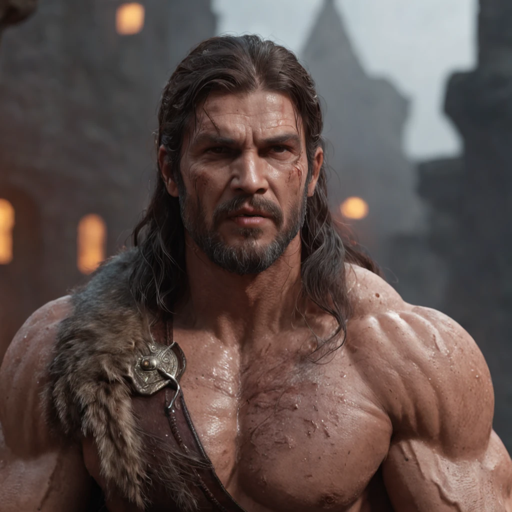 (Professional 3D Rendering:1.3) ng (realisitic:1.3) Photos of the most beautiful works in the world,male uncle,short beard,strong body,Slightly fat big,short dark hair, short-hair, thick arm muscles, thick leg muscles, bbw, strong, fat middle aged man, FULL BODYSHOT, medium hair shaved sides, strong, Muscular, Large protrusions, It features a soft, shiny male hero., ((Epic Hero Fantasy Muscle Man Rough and wet hero Angry look with long hair, short beard, Make a ferocious face in a dynamic pose, Fantastic location, majestic cluttered environment)), Full-body 8K Unity Render, action shot, Skin pores, very dark lighting, Heavy shading, detailed, Detailed face, (lively, photograph realistic, realisitic, Dramatic, Dark, Sharp focus, 8K), (Old leather garments damaged by weathering:1.4), ((((Wearing fur)))), (intrikate:1.4), Decadent, (highly detaild:1.4), digital painting, rendering by octane, Art Station, concept-art, silky, Sharp focus, Illustration, Art germs, (Roysh:0.23), Wlop Ilya Kuvshinov, Greg Rutkowski and Alphonse Mucha Gracias, (Global Illumination, Studio Light, Bolchetic Light), Heavy rain, Floating particles, villainess, Fantasy, elf, full bodyesbian, ((Dark and ancient city background:1.3)),CG Society,Art Station