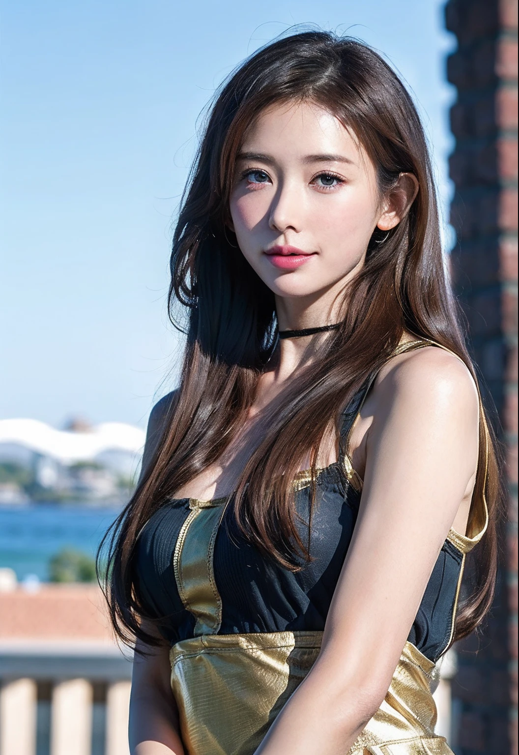 Solo,1girll (20 I),20 years old girl,Young,aged down,
(parted lip),Light smile,(upper legs),
Gold costume,Jinstyle,Outdoors,(view the viewer:1.3),See-through,(Light blush),
Detailed eyes,(Intricate:1.05),(view the viewer),(Shiny skin,skin indentation),wide angles,
Hanfu,
Shiny skin, skin indentation, Best quality, 超高分辨率, (Photorealistic:1.4),