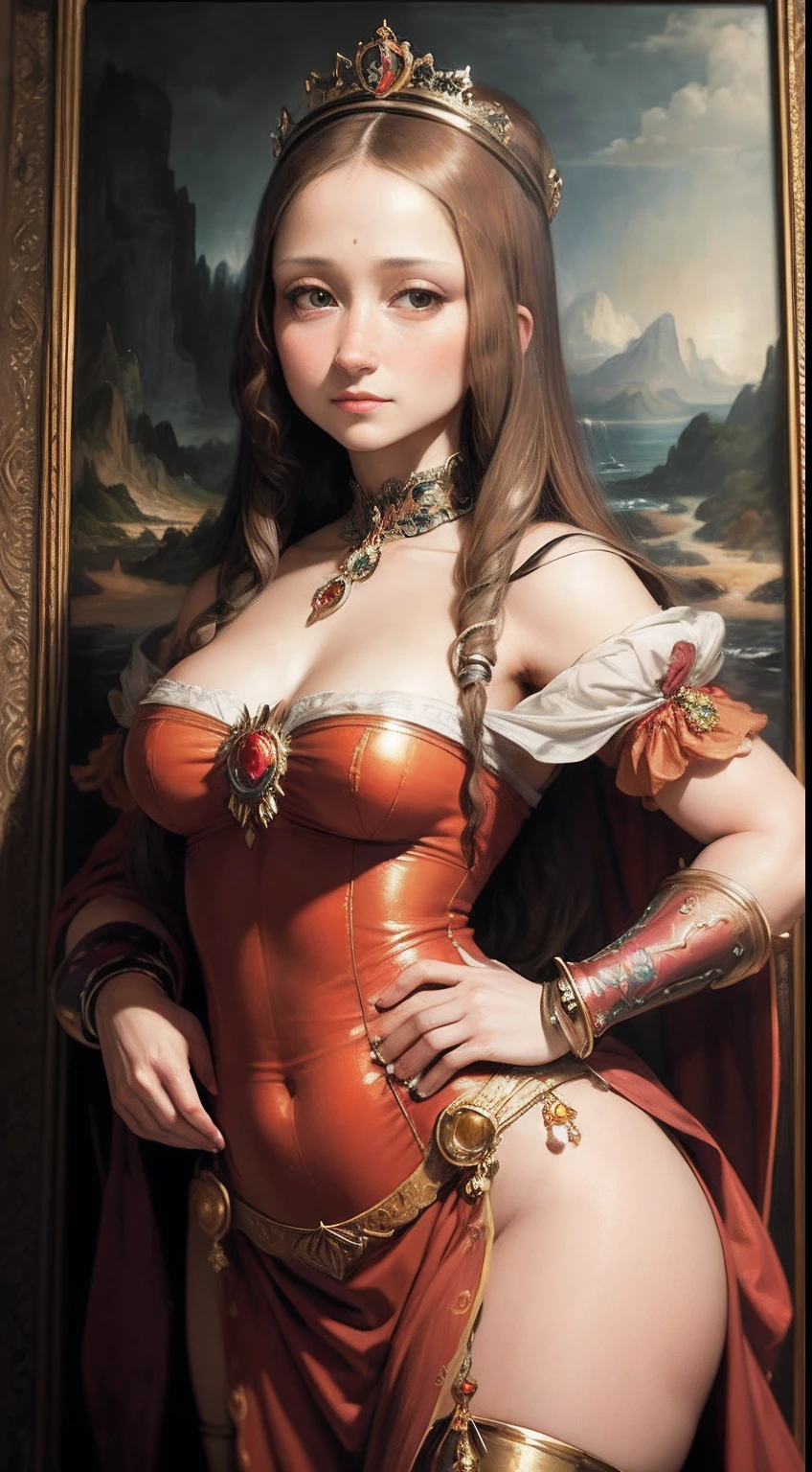 Ultra Resolution, HDR, obra maestra, foto realista, super sexy pintura de Monalisa, diadema en su cabeza, princesa Monalisa, senos muy grandes, cuerpo exuberante casi perfecto