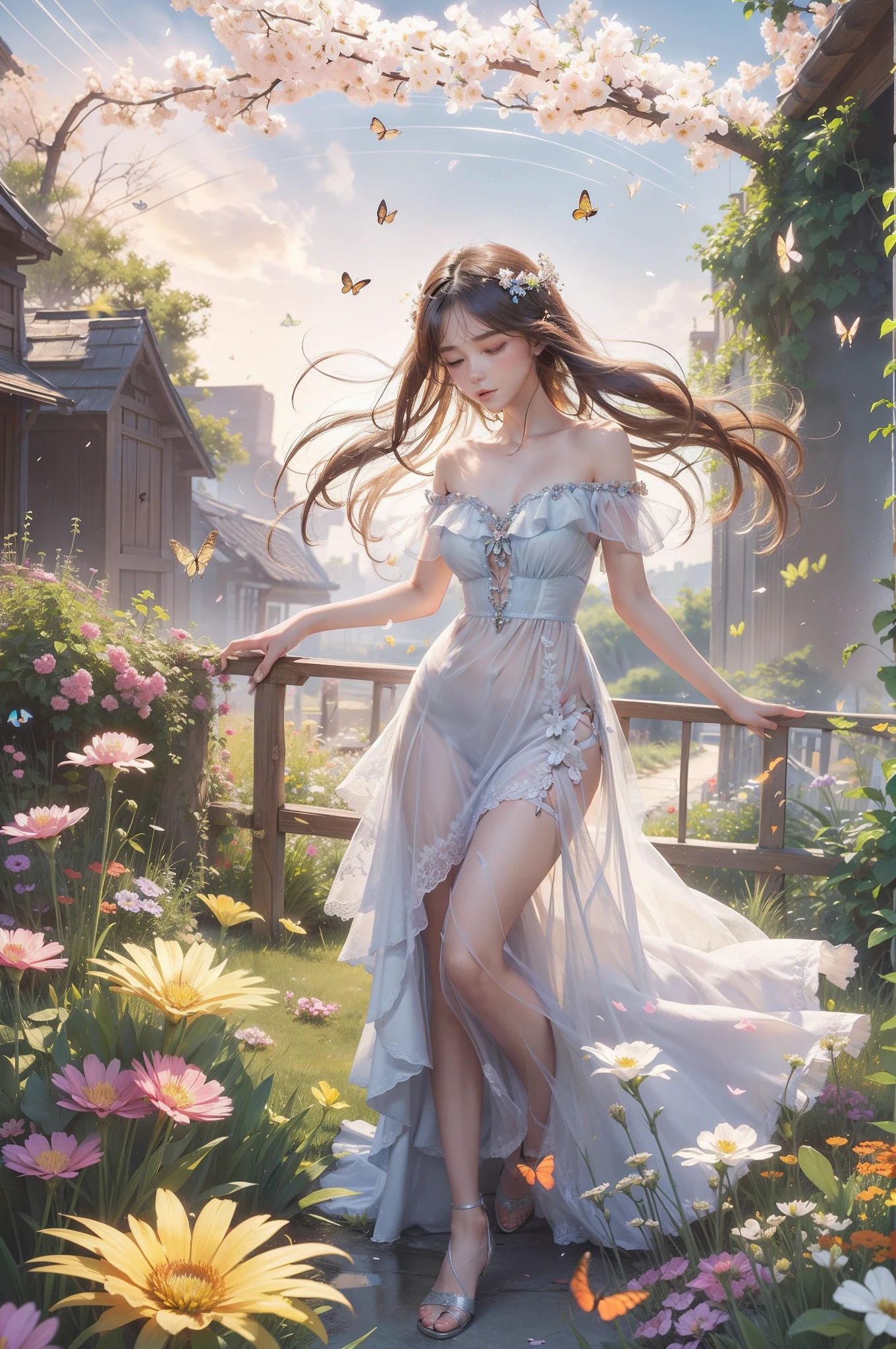 1girl, solo, full body, (masterpiece:1.21), (best quality:1.2), colorful, (illustration:1.2), (cinematic lighting:1.1), (bare shoulders:1.21), (collarbone:1.21) in this whimsical A beautiful and dreamlike garden, the scene is illuminated by a rainbow (colorful fireflies) dancing in the air. Pastel (drizzle) adorns the garden, creating a hazy and ethereal atmosphere. In the center of the picture, stands a single girl, an extremely beautiful girl, with lovely facial features and an innocent expression. Her long hair fluttered in the wind. She wore a low-cut strapless dress that accentuated her curves. The lighting is very delicate and beautiful, creating a soft warm glow that accentuates the water and makes it sparkle like a diamond. The finest grasses are also illuminated to create a lush carpet. The garden is surrounded by colorful flower fields with flowers of all colors and shapes. Various colors and sizes (coloured butterflies) can be seen flying around the scene, adding to the overall sense of wonder and magic. (Everyone, judges), a blush can be seen on the bridge of the nose, and the mouth is slightly opened, which adds to the overall sense of innocence and youth. Falling petals can be seen waving around her, adding to the overall sense of romance and beauty. The breeze is blowing, the leaves are rustling, and the flowers are swaying, adding to the overall dynamism and vitality. It is a scene of pure wonder and magic, full of color and beauty, where the viewer can lose themselves in this enchanting and captivating world.