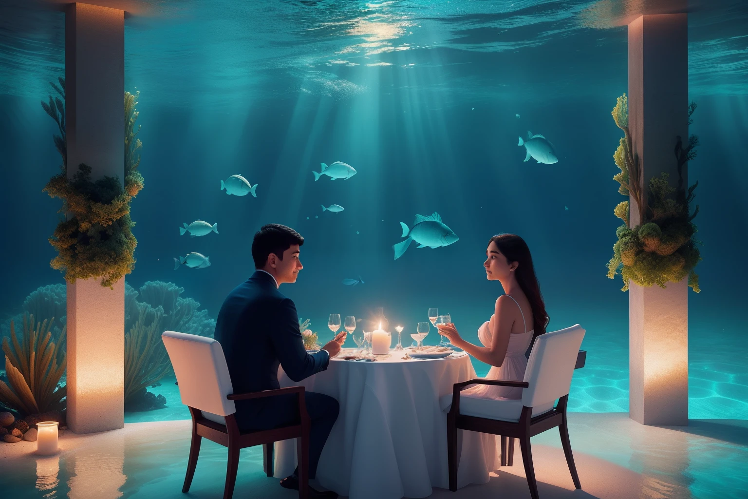Year: 2023
Country: Maldives
Description: At a luxury underwater restaurant, an adult couple enjoys a candlelit dinner surrounded by the mesmerizing marine life. Soft pastel hues filter through the water, creating a cinematic and ethereal ambiance.