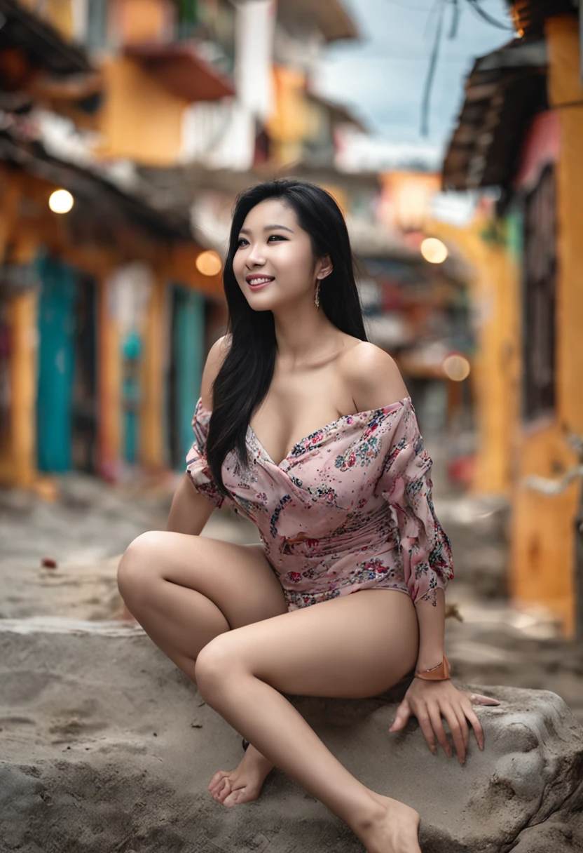 Asian girl，a picture，beachside，with a good figure，Large breasts，big assa，black lence stockings，Delicatemakeup，Long straight black hair，Friendly smile，long and flowing hair，Relaxed，Realiy，detail in face，relaxed，vacation，swim wears，