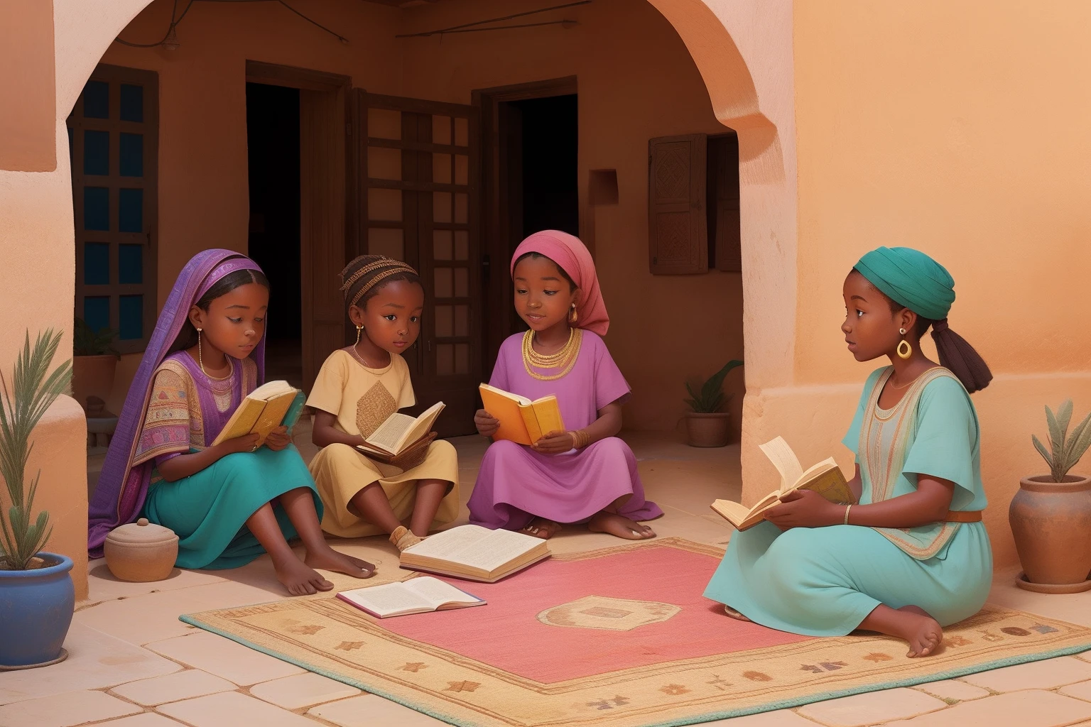 Year: 2021
Country: Mali
Description: In the historic city of Timbuktu, an upper-middle-class family gathers in a charming courtyard of a traditional mud-brick home. The ten daughter sits on a vibrant pastel-colored rug, reading a book about local legends, while the adults engage in animated conversation.