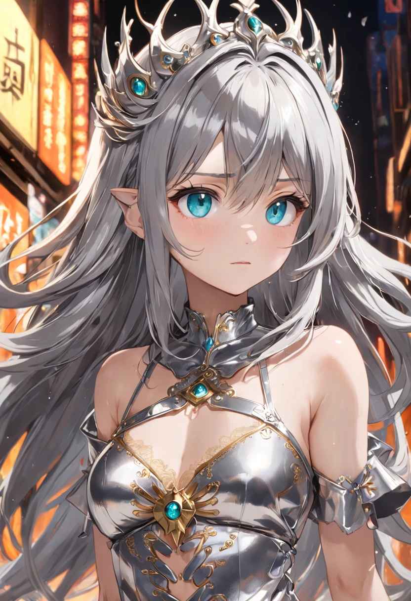 masutepiece, Best Quality, Best Quality, amazing, Beautiful detailed eyes,((1girl in)), Finely detailed, depth of fields, the Extremely Detailed CG Unity 8K Wallpapers, Full body,(Other Minato Aqua), (((Girl wears clothes with silver texture)))，((Very gorgeous metal style))，((Metal crown with ornate stripes))，((((Various metal backgrounds))))，Sputtered molten iron,(Floating hair),((Hair like molten metal)),(((Detailed face))), (((Detailed eyes))),(((Silver clothes))),(((Gold lace clothing))),((Full body)),((((Flowing gold and silver)))),(((((Everything flows and melts))))),(((((Flowing iron))))),(((((Flowing silver))))),((((lace flowing and melt))))