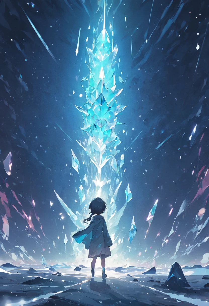 9(masterpiece,bestquality),Land of Crystals,ice field,bright,Shimmering like a diamond, it shines like a crystal,Bright and vivid colors,(depth of fields:1.2),the night,Holy,Light-sensitive,crystal