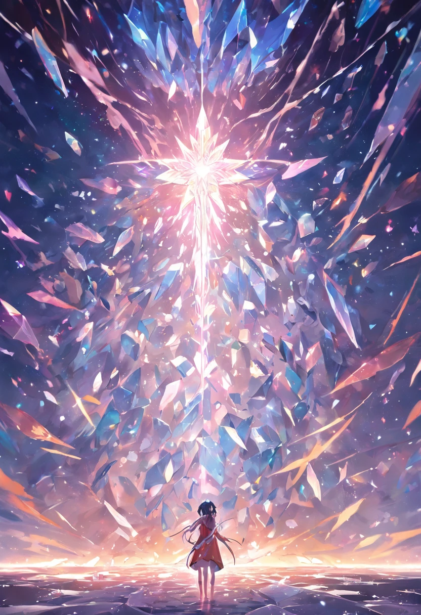9(masterpiece,bestquality),Land of Crystals,ice field,bright,Shimmering like a diamond, it shines like a crystal,Bright and vivid colors,(depth of fields:1.2),the night,Holy,Light-sensitive,crystal