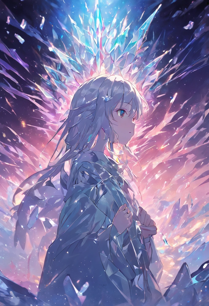 9(masterpiece,bestquality),Land of Crystals,ice field,bright,Shimmering like a diamond, it shines like a crystal,Bright and vivid colors,(depth of fields:1.2),the night,Holy,Light-sensitive,crystal