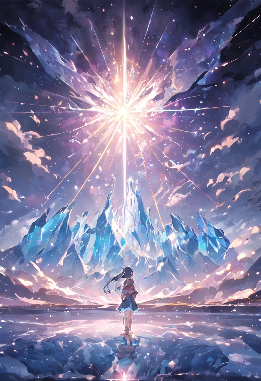 9(masterpiece,bestquality),Land of Crystals,ice field,bright,Shimmering like a diamond, it shines like a crystal,Bright and vivid colors,(depth of fields:1.2),the night,Holy,Light-sensitive,crystal