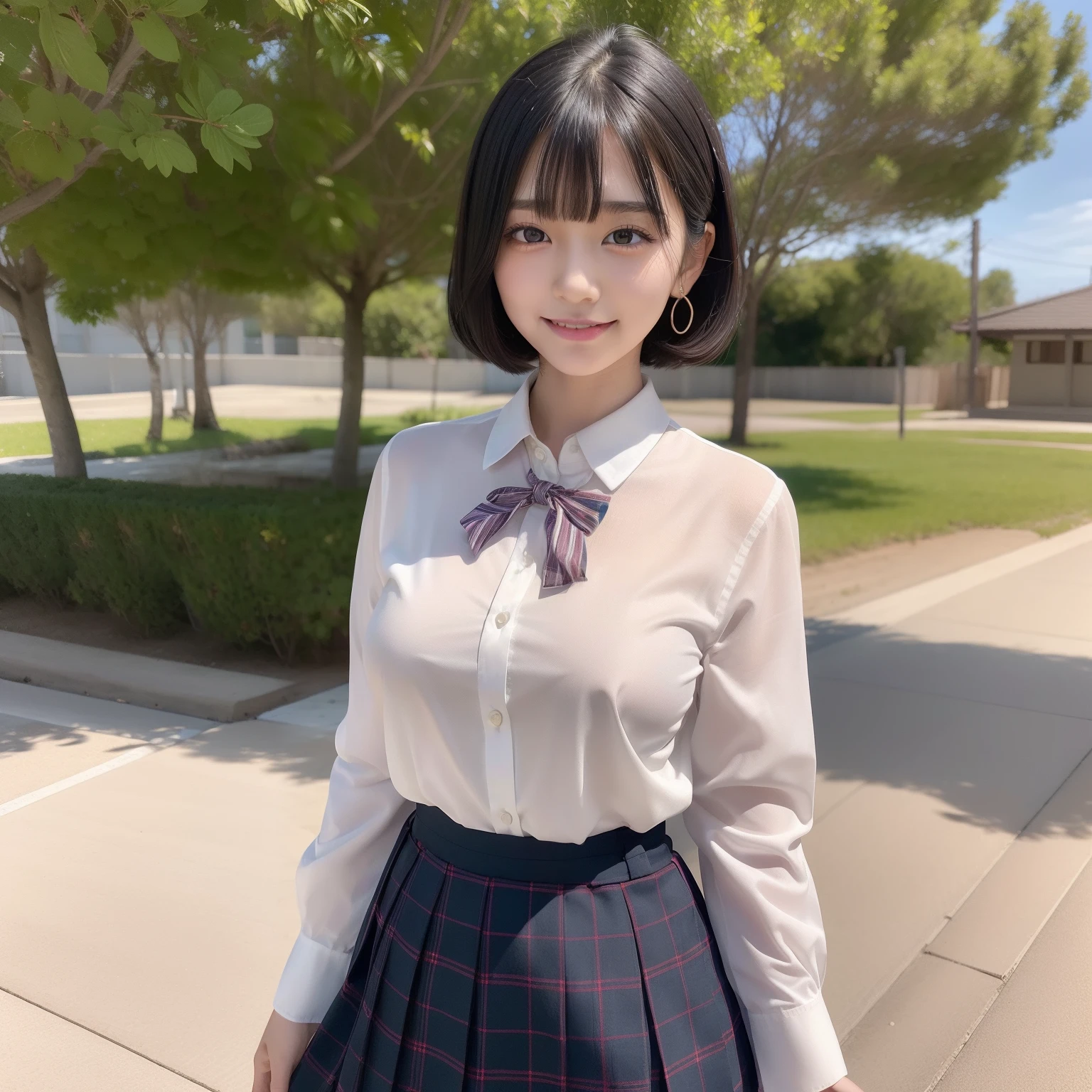 black hair,  , slender and busty body, bob cut, aqua eyes, black hair, blush stickers, grin, smile with teeth, whole body, younger sister girl, round face, slightly puffed cheeks, eyebrows downward, light blush, Double eyelids, Look at viewers, affectionate cute, cute girl, surreal high school girl, Look at viewers, Hinano Himeno, A bow tie, hair fluttering , lively eyes, the skirt sways in the wind , put on a brown jacket , ((crimson ribbon tie)). (neat white blouse of smooth thin fabric), ( The hem of the blouse is tucked inside the skirt), (blouse breasts are very cramped), dark blue tartan check knee length skirt, ((no skin exposed on the upper body)), (neat clothes with all buttons fastened), one little star earring, sandy beach , The wind is blowing , japan uniform
, hair swaying in the wind , Surrealism, depth of field, Nikon, 8k, super detail, masterpiece, high details, 8k, anatomically correct, award winning