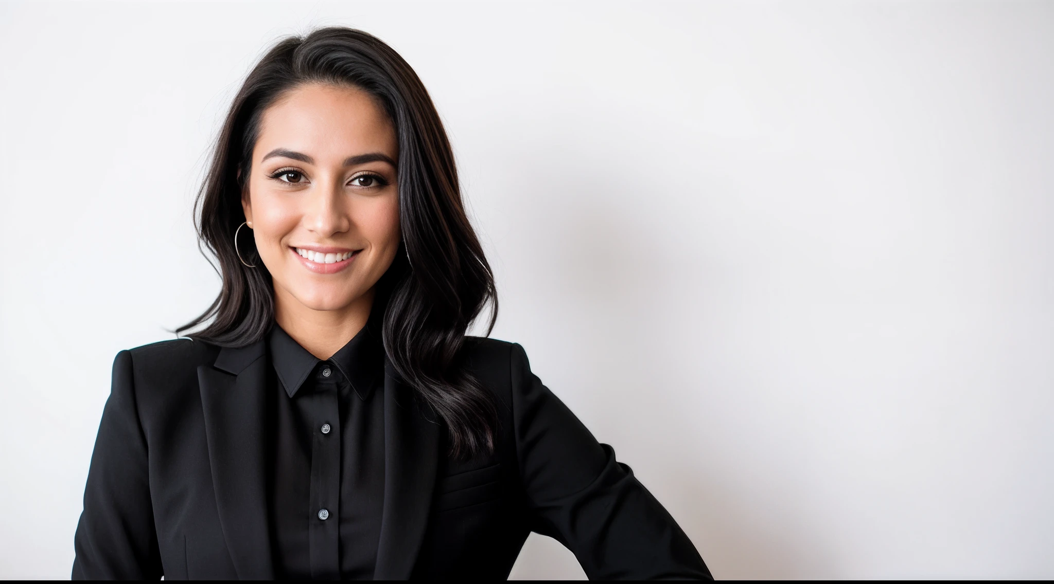 instagram photo, closeup face photo an American woman in a black suit,  black shirt and black pants posing suit for a picture on the white background