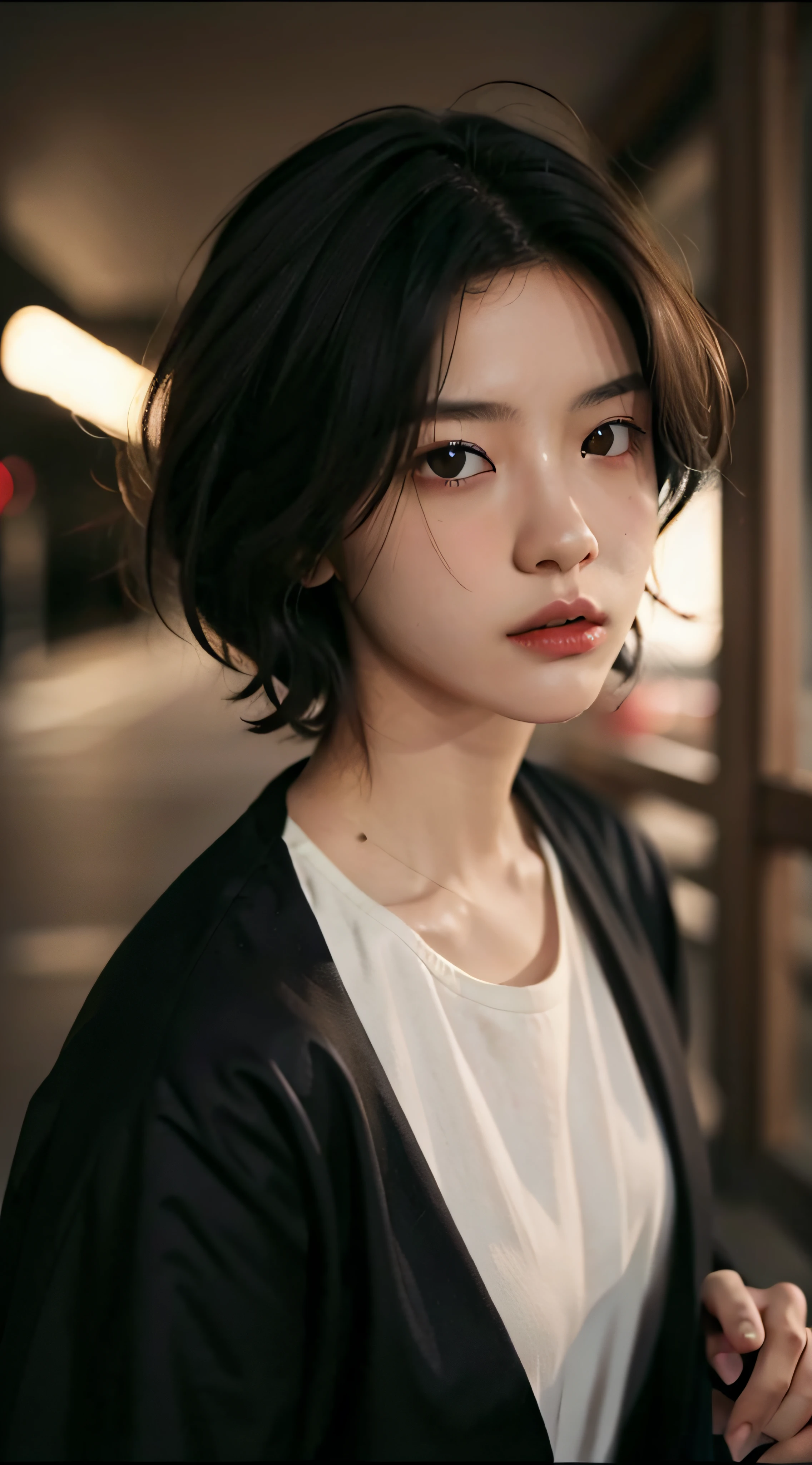 best qualtiy, tmasterpiece, 超高分辨率, (realisticlying:1.5), RAW photogr, 1girll, in the darkness nigth, deep shading, low tune, cold light, Sexy look, short detailed hair,Take a selfie facing the camera