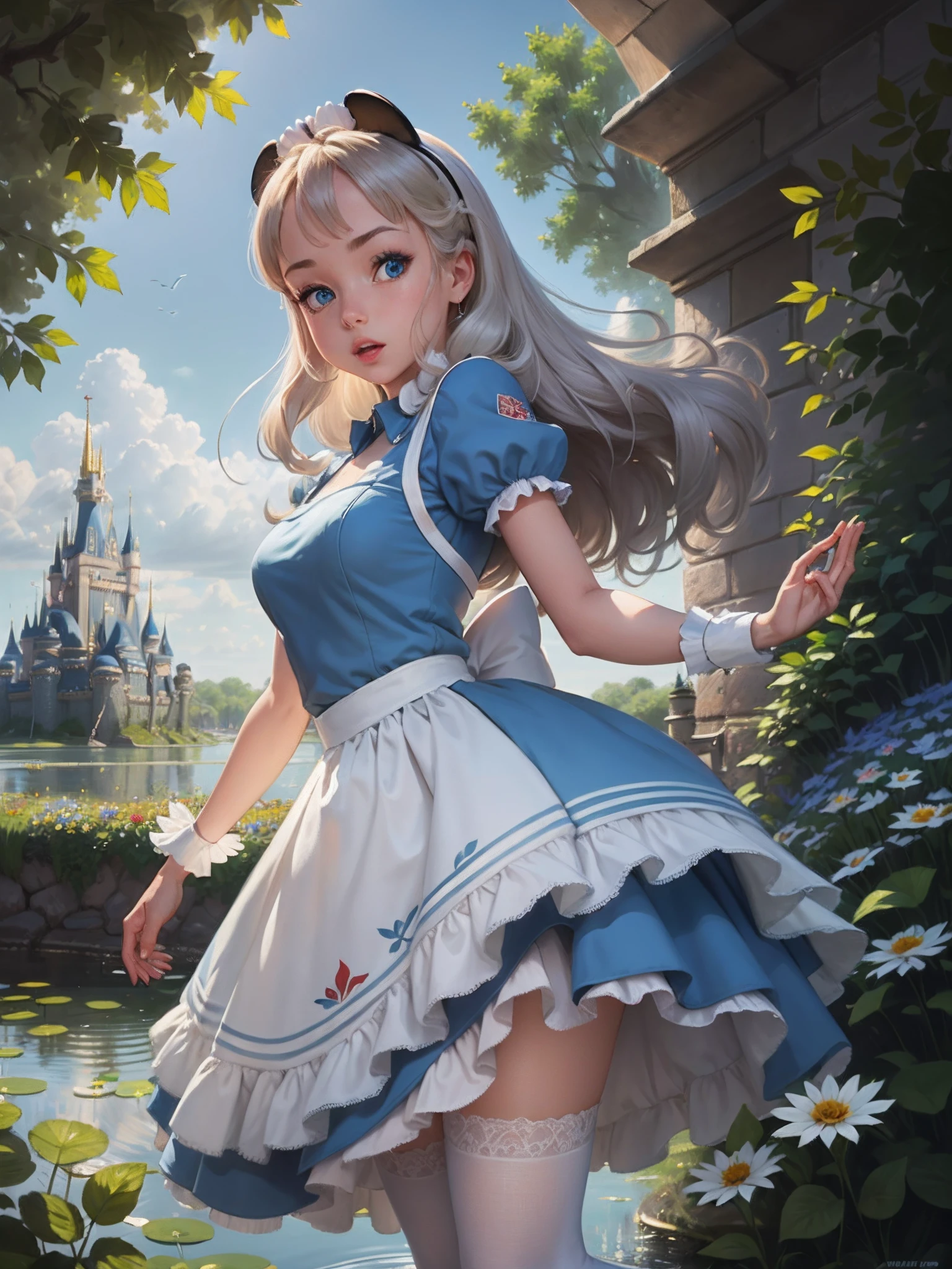 (masterpiece), (best quality), (extremely detailed), Malicious Alice liddell, blue dress, white apron, black hairband, white stockings, showing rude string thong cute pose, in a flower garden, (pond), (((disney castle at the background))), (blue sky), (sunny day), 3d. Illustration, Good Highlights, Perfect Proportions, dynamic, Professional, Award winning, (high detailed skin), (high detailed face), photorealistic, HDR, ultra highres, absurdres,