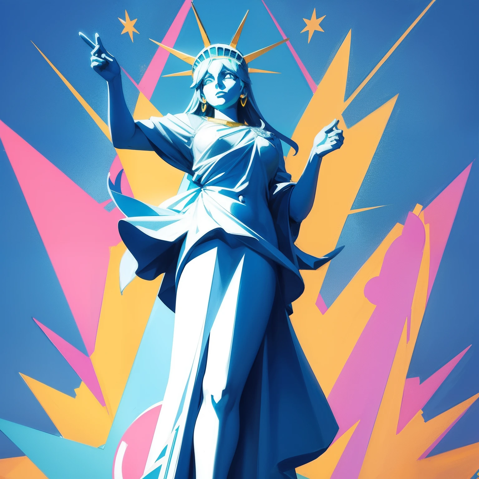 Peace sign in the sky with diamonds, Statue of Liberty in the style of peter max