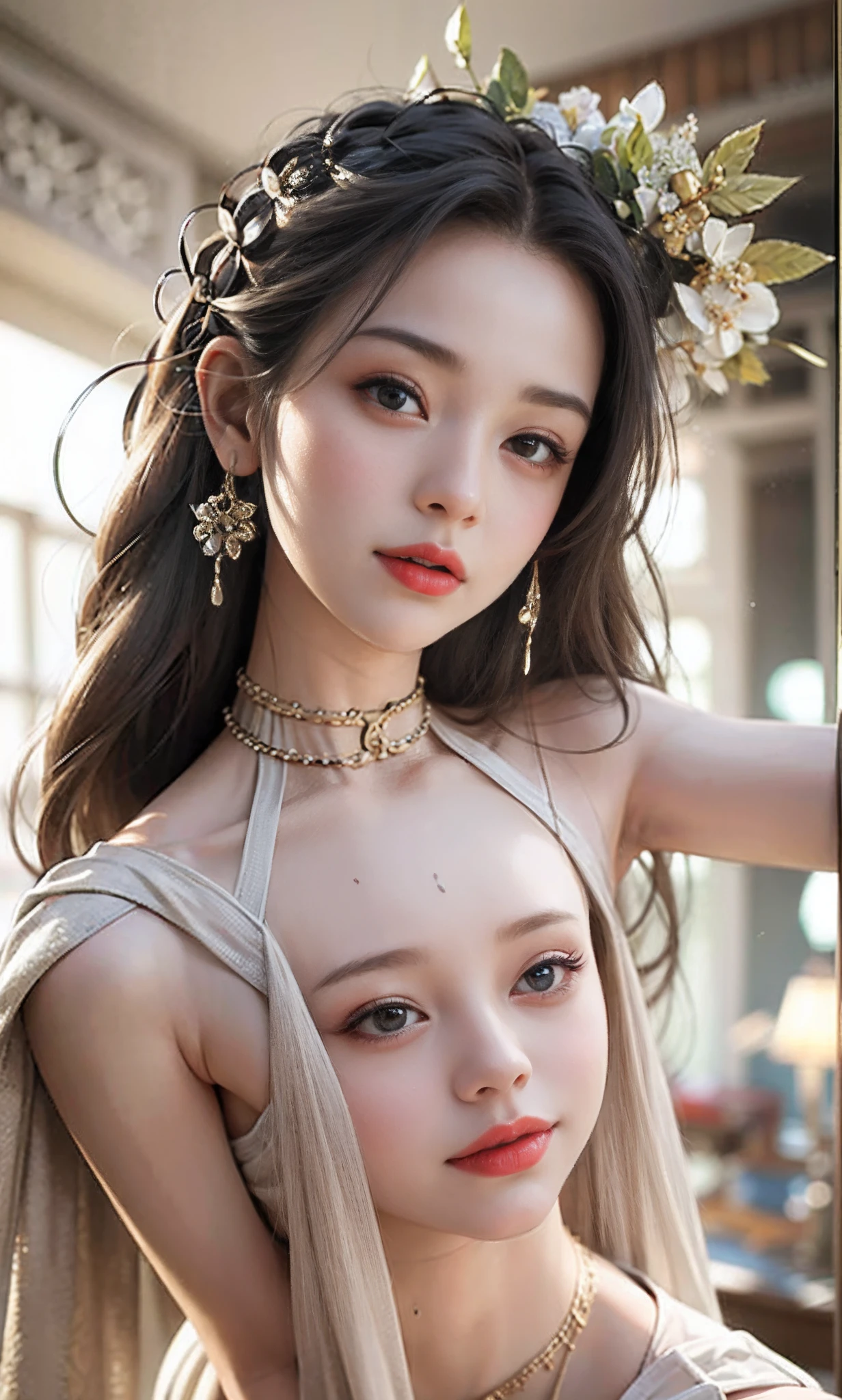 (primitive: 1.2), (Realistis: 1.4), (Sharpness: 1.2), (A woman who is), 16 yaers old, ((body high: 3.5)))), (Tongue nails), (Lip Nail), (Umbilical nails), Gemstones refract dazzling light))), (nedium breasts: 1.8), (areola of breast: 2), (absolutely: 0.7), (glute: 2.0), (Healthy skin, Thin skin, seductiveexpression, 二重まぶた, Textured gelatin lips, Glossy lips, Small cherry mouth, Small lips turned up, The lips are nailed under the lips, Pattern under the eyes,golden pattern tattooed on the forehead,(((Flawless skin texture)))),Real pores,ctextured skin,(using gems,pearls,emeralds,amber,),(Dynamic brunette hair,,Curly hairpins,Layered hair,Wet hair,Loose hair,Wet skin texture),Sweat drips all over,Glossy glossy skin,Glossy glossy skin,radiating with light,eyes looking at the lens,high-quality detail,cinmatic lighting, ((The light from the back window is backlighted)), absurderes, unbelievable Ridiculous, hugefilesize, ultra-detailliert, A high resolution, The is very detailed, best qualtiy, tmasterpiece, illustratio, The is very detailed, CG, unit, 8k 壁纸, astounding, finedetail, tmasterpiece, Face light, The light from the back window is backlighted, cinmatic lighting, (((wide wide shot))), ((fisheyelens))), ((Camera side)), ((look from down)), ((high jumper's body proportions)), ((fatness: 0.0)), (witheout panties)))), ((witheout panties))), (((without pants)), ((without socks))),(Don't wear skirts))))、((without wearing shoes)))、((dynamicposes))),(Fighting posture))))、(full bodyesbian)))、(raise leg)、(legs separated))))、(Greek feet)、(Carefully manicured nails)、((Delicate and small fingers,Perfect Finger))))、(Camel fingers)、((Correct anatomy))、((Correct anatomy)),( garments:Transparent cheongsam made of transparent plastic,High slit design,white flowers cut at the waist,blending perfectly with the figure))), ((Pedras preciosas、Diamond、pendant、 choker necklace、chain