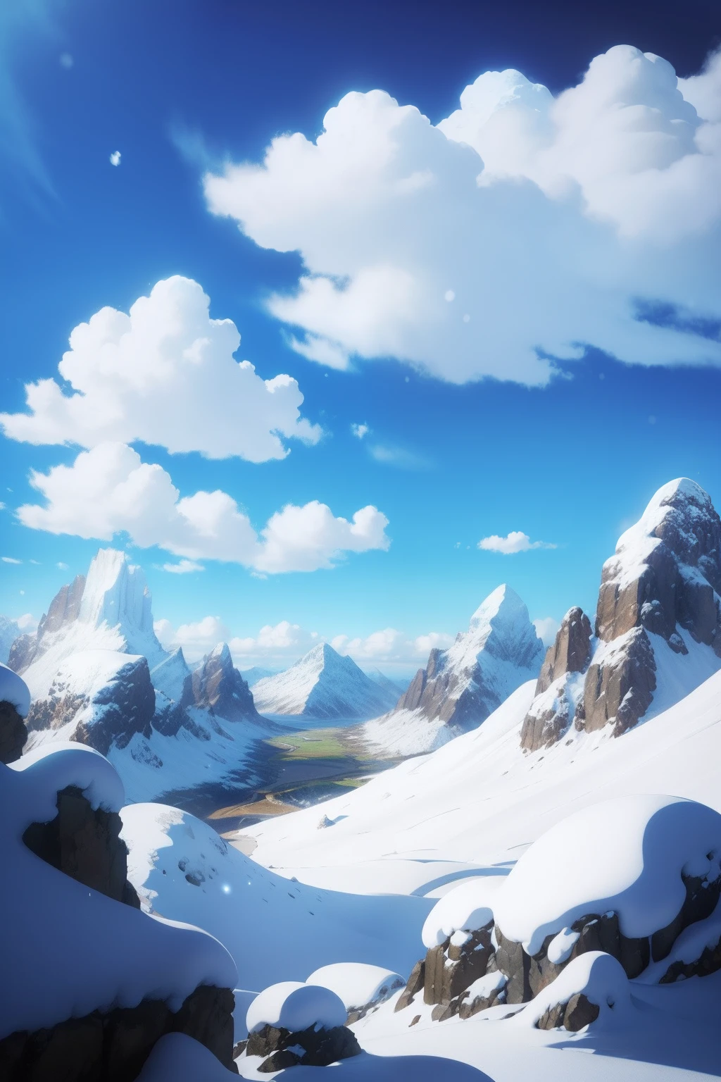 cartoon, snowy mountains, cloudy sky