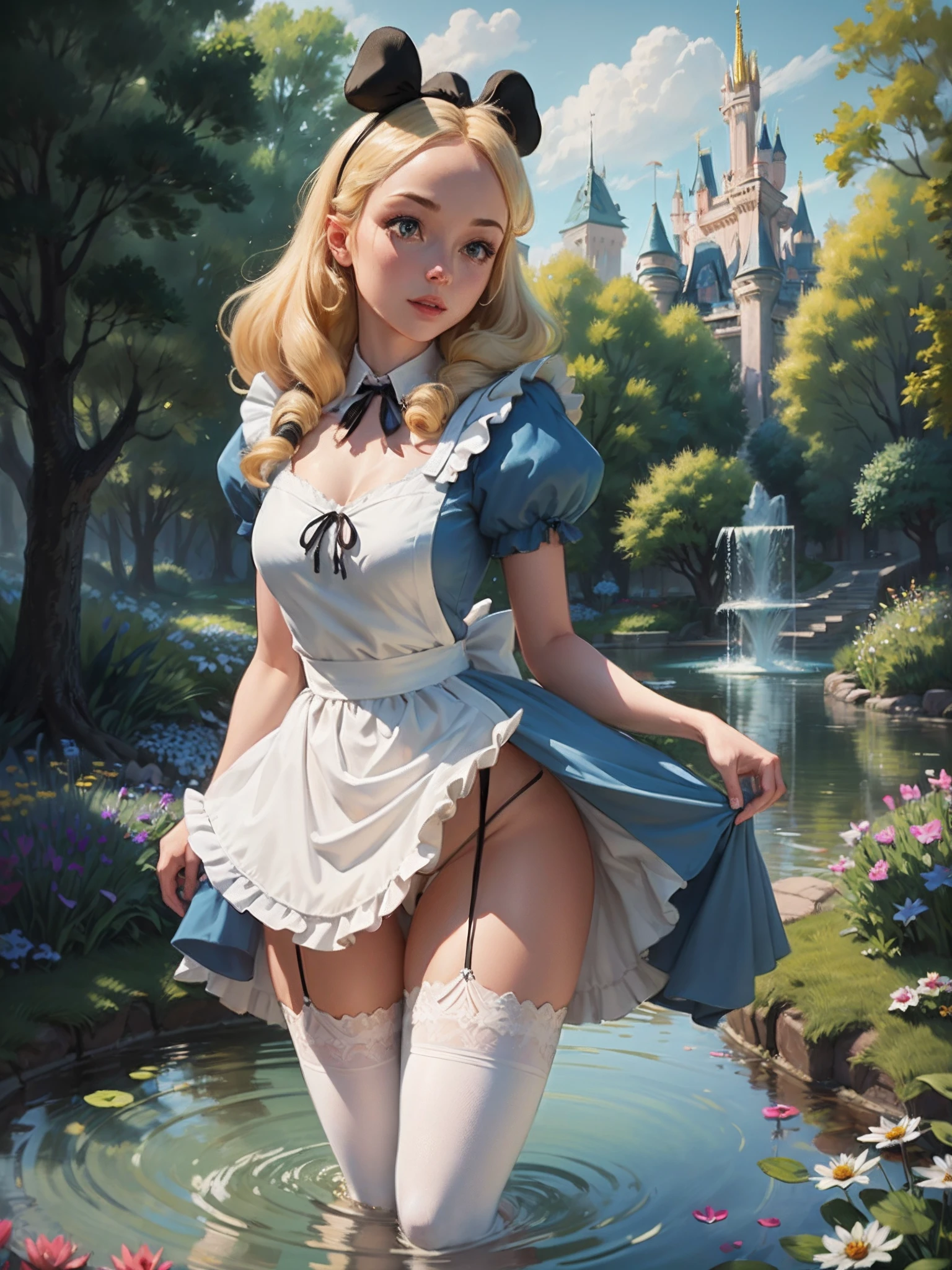 (masterpiece), (best quality), (extremely detailed), Malicious Alice liddell, blue dress, white apron, black hairband, white stockings, (showing rude string thong:1.3), spreading legs, malicious pose, in a flower garden, (pond), (((disney castle at the background))), (blue sky), (sunny day), 3d. Illustration, Good Highlights, Perfect Proportions, dynamic, Professional, Award winning, (high detailed skin), (high detailed face), photorealistic, HDR, ultra highres, absurdres,