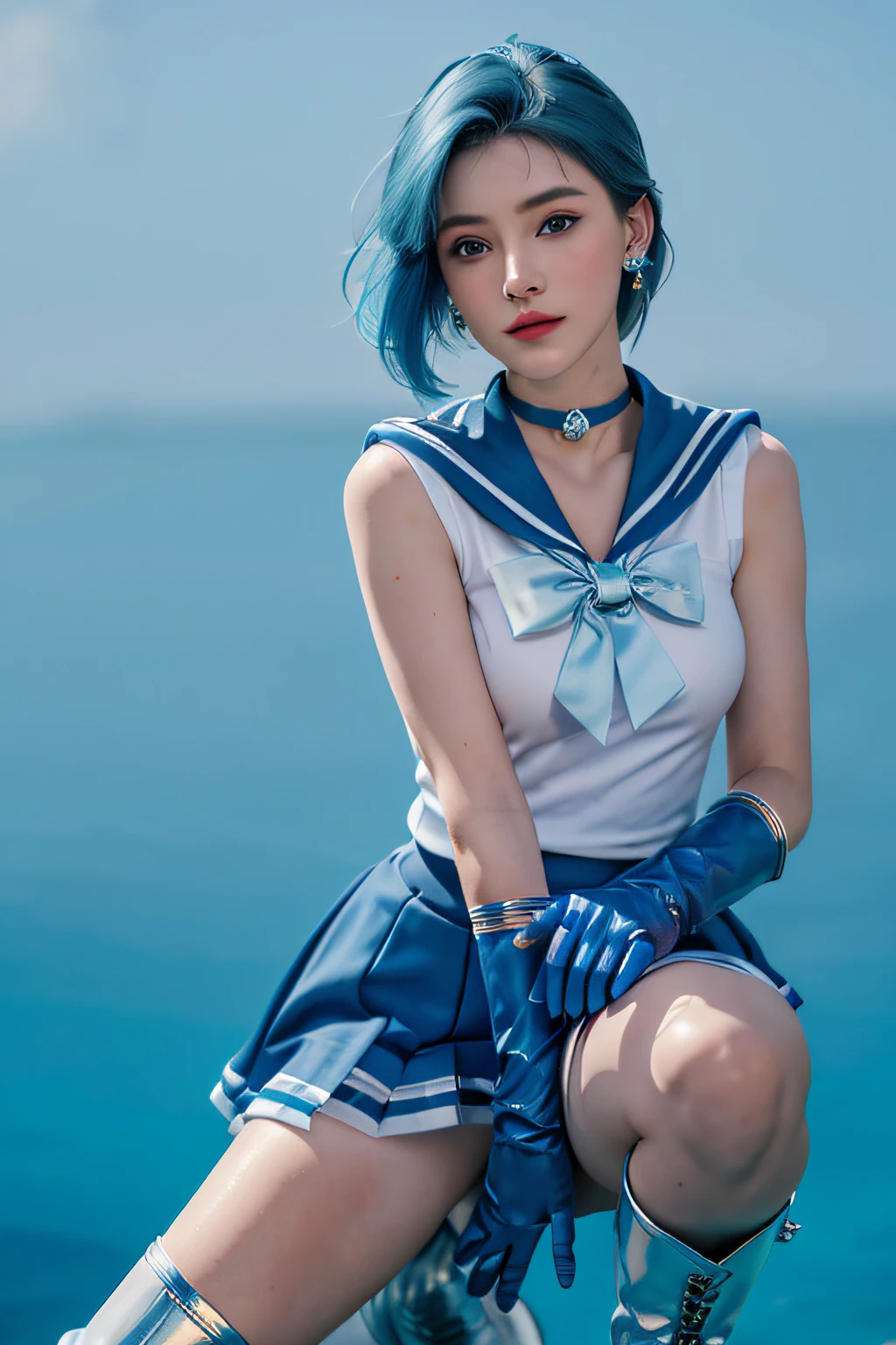 1girl,breasts,gloves,lips,solo,sailor mercury,blue eyes,smuniform,mer1,tiara,sailor senshi uniform,(RAW photo, best quality),masterpiece,absurdres,sexy,floating short blue hair,blue sailor collar,bow,(knee boots:1.1),choker,white gloves,blue choker,elbow gloves,jewelry,earrings,blue skirt,sole,full body,blue hair,(prefect drawn hands):3.8,octane rendering,godness of water, (close up:1.2) finely detailed beautiful eyes, close-up, small eyes, look at viewer, to8contrast style, in a dark room, two tone lighting, octane lineart, monochrome,