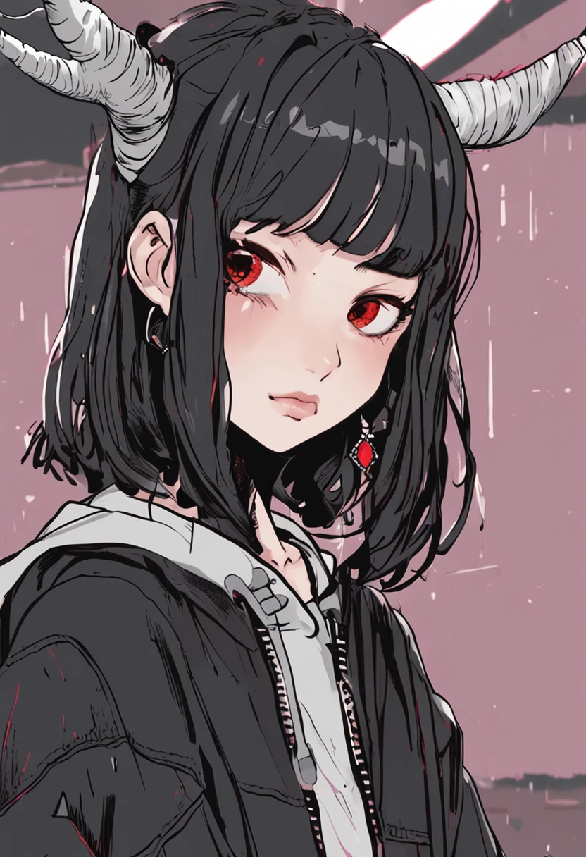 best quality, ultra-detailed, dolla, (solo , 1 teen girl ) , white Wolf Cut Hair , small breast, long bangs ((bangs over eye)), ((red deep eye , bored eye)), black hairclip on right bang, bored face((cold face)) ,  horns ,  (((black horns of the ram))) , small devil wings, skullcap Oversized Knitted Rock Band Sweater Black ,peace sign hand , upper body, anime , 2d , cute girl , emotionless , look at view,  in bed room next window with raining.