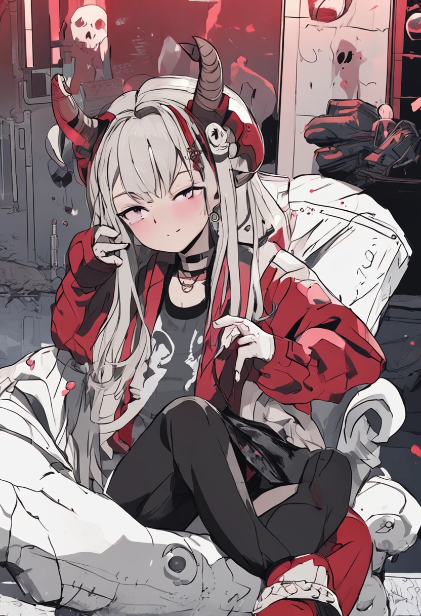 best quality, ultra-detailed, dolla, (solo , 1 teen girl ) , white Wolf Cut Hair , small breast, long bangs ((bangs over eye)), ((red deep eye , bored eye)), black hairclip on right bang, bored face((cold face)) , horns , (((black horns of the ram))) , small devil wings, skullcap Oversized Knitted Rock Band Sweater Black ,peace sign hand , upper body, anime , 2d , cute girl , emotionless , look at view, in bed room next window with raining.