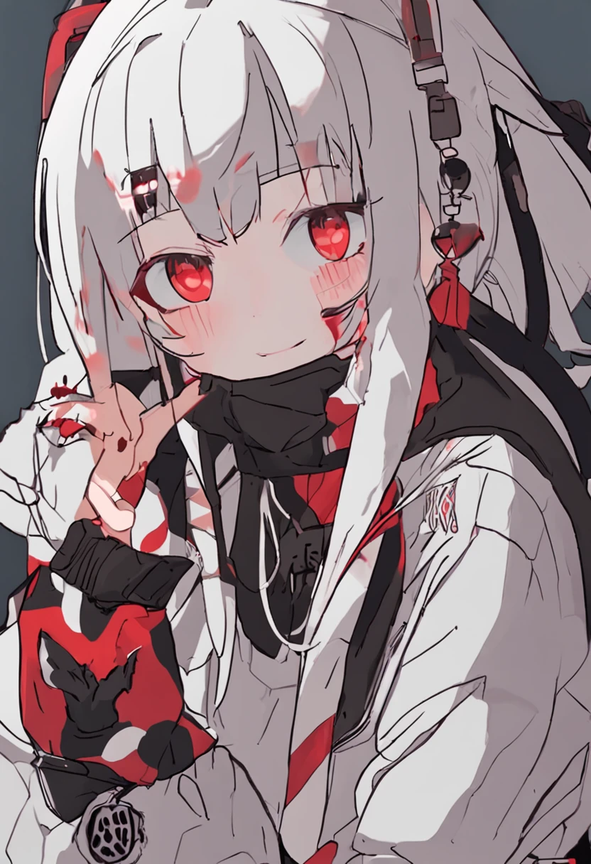 best quality, ultra-detailed, dolla, (solo , 1 teen girl ) , white Wolf Cut Hair , small breast, long bangs ((bangs over eye)), ((red deep eye , bored eye)), black hairclip on right bang, bored face((cold face)) , horns , (((black horns of the ram))) , small devil wings, skullcap Oversized Knitted Rock Band Sweater Black ,peace sign hand , upper body, anime , 2d , cute girl , emotionless , look at view, in bed room next window with raining.