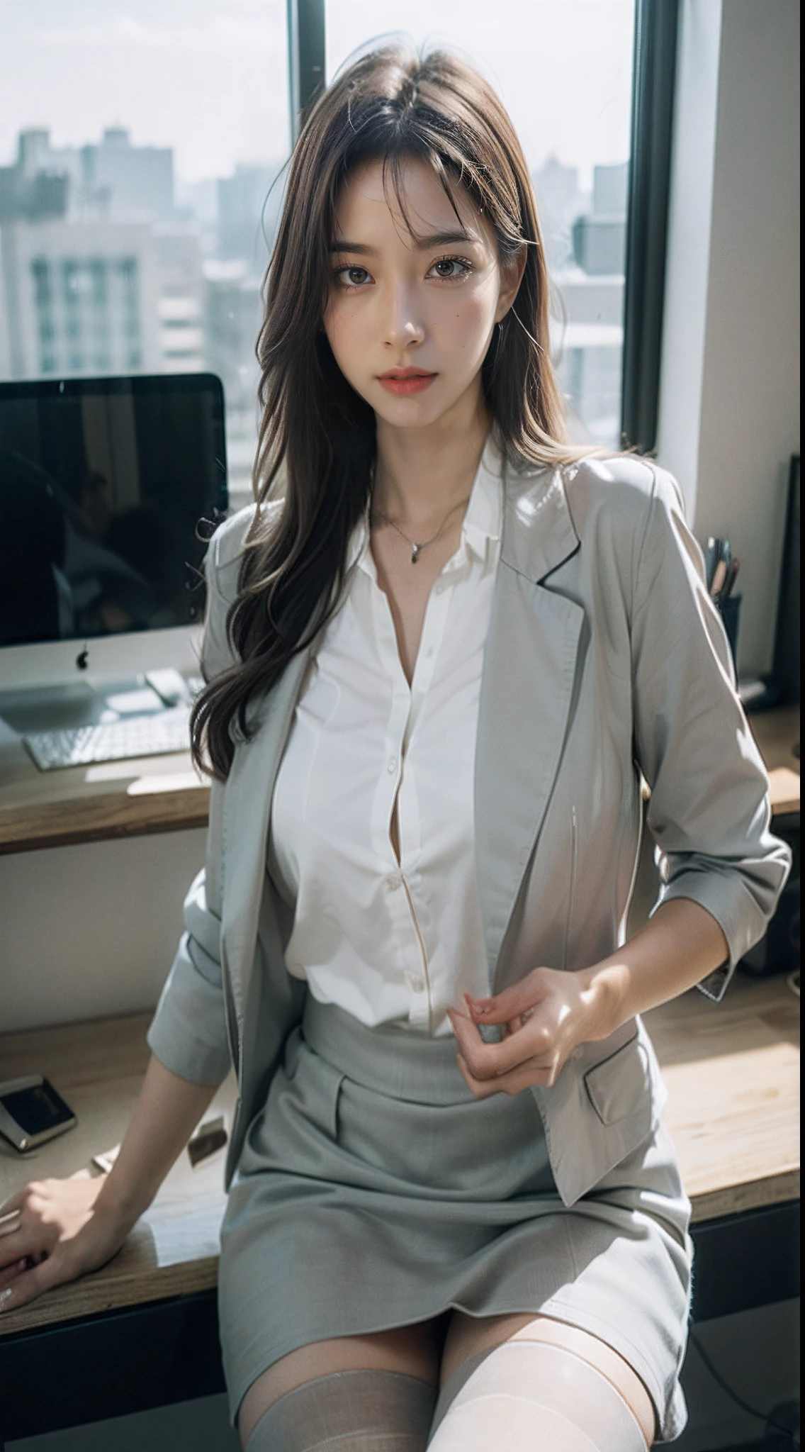 1girl, (european:1.3), 31 years old,Sophisticated, businesswoman's suit, (Jacket:1.1), (Shirt:1.1), (line wrap skirt:1.1),Accessories,Jewelry,Briefcase,Tights,Stockings,goosebumps,goose-flesh, (realistic:1.3), finely detailed, quality, (masterpiece:1.2), (photorealistic:1.2), (best quality), (detailed skin:1.3), (intricate details), dramatic, ray tracing, photograph, Wind surfboard, Bathed in shadows, Visual novel, boss office in Skyscraper, window with view on the city, film grain, Kodak gold 200, Depth of field 100mm, Flickr