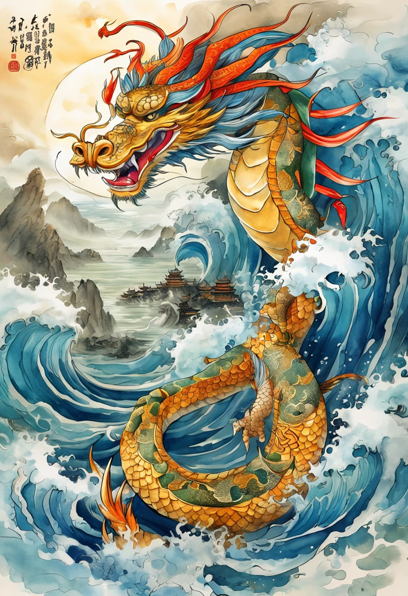 Vickers style, The graphics in the poster design are ocean colors, Chinese dragon turtle in ink painting, and a combination of dragons, As a water god, Living in the North Sea, Control thunderstorms at sea, an ancient Chinese god, turtle, drak, Mare, stony, Super sharp,Realistic details,Auspicious clouds, depth of fields, God Ray, fantasy coloring, romanticism lain, art-deco, Cinematic lighting, Depth of field, Sparkle, god light, Ray tracing, Ultra-wide angle, first person perspective, Wide shot, hyper HD, High quality, High details, Textured skin, Best quality