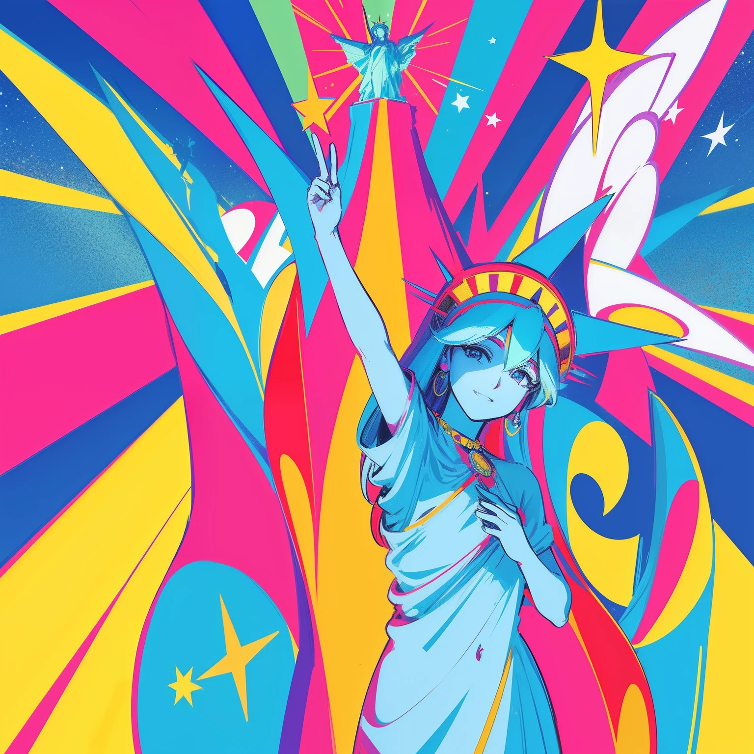 Peace sign in the sky with diamonds, Statue of Liberty in the style of peter max