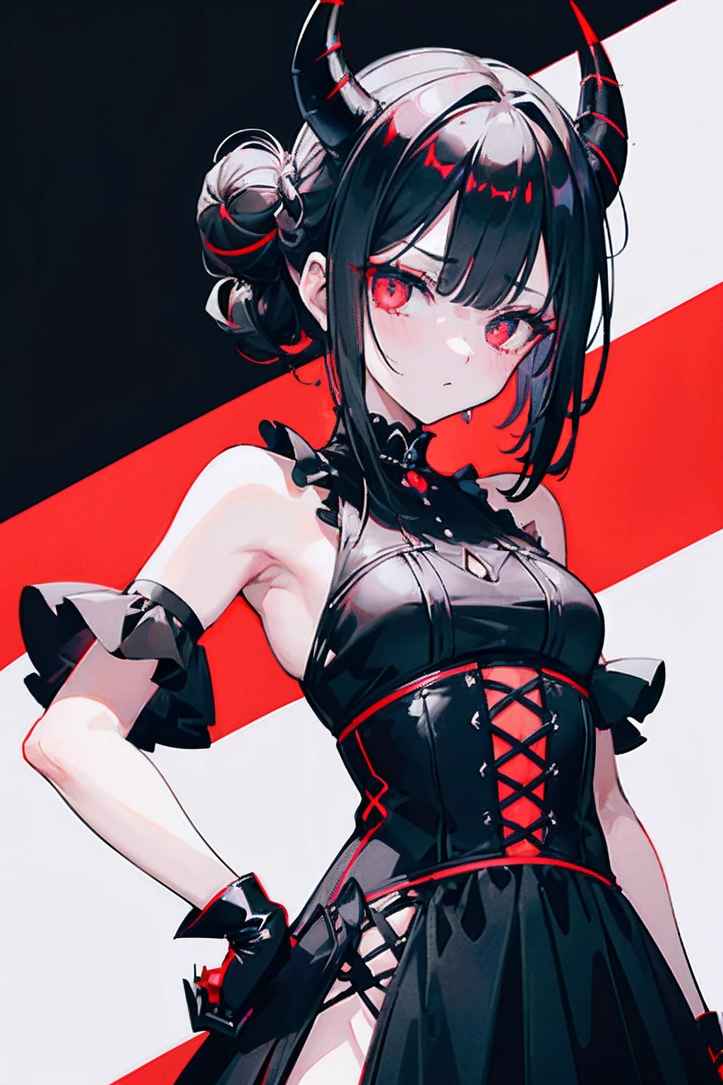 1 girl, demon girl, solo, black hair, short straight hair, gloves, bun updo, side bangs, long horns, ultra detailed red and black eyes, slit_pupils, gothic dress, sleeveless gothic dress, light gothic dress, skirtless gothic dress, ruined gothic cathedral in background, dim lighting, warm colours, fascinator