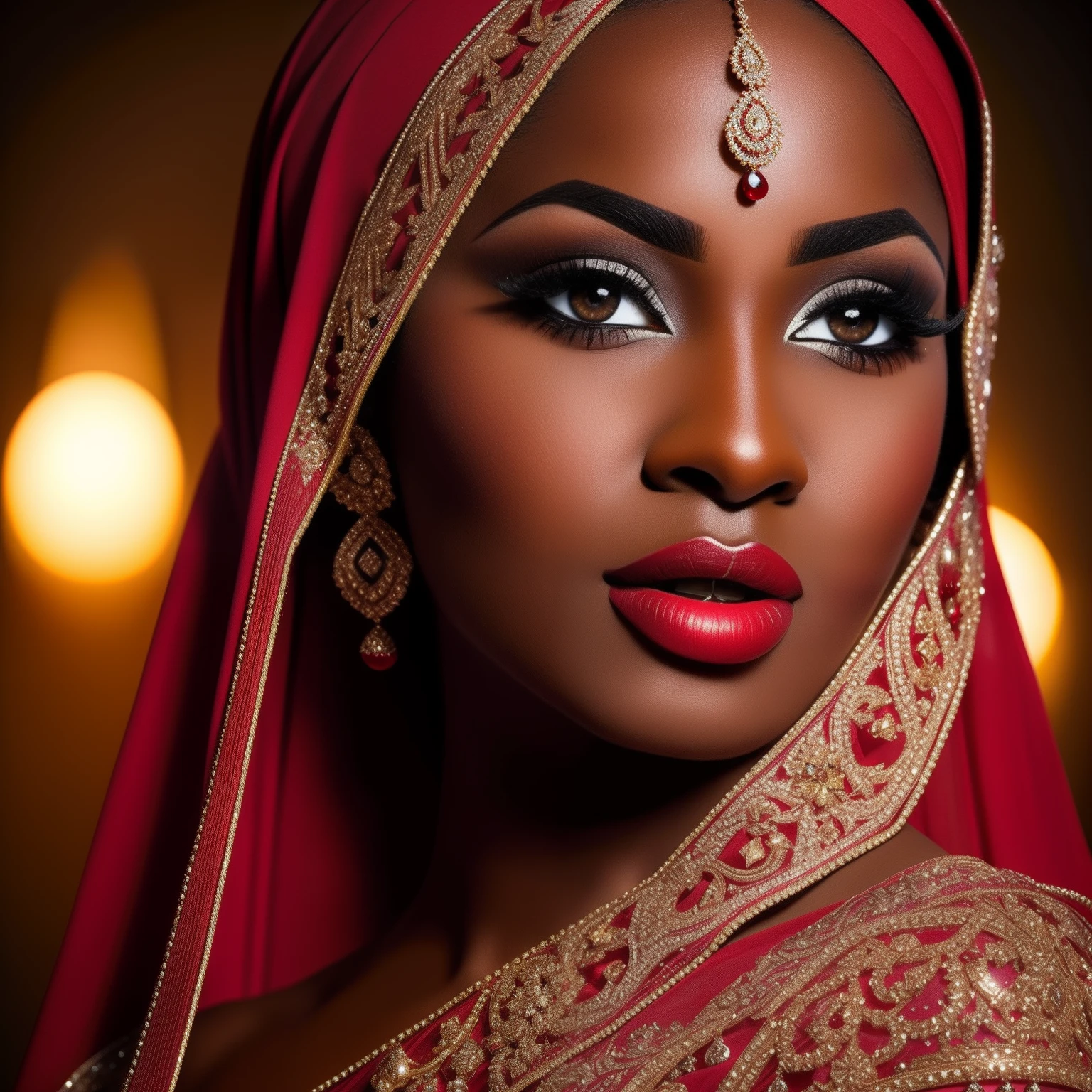 A beautiful ebony muslim bride, sexy white eyes, thick deep red lips, high bridge long thin nose, pointing tip nose, cleft chin, thick close up eye brows, highly curved eye brows, dimple cheek, highly realistic, sicial realism, masterpiece potrait, award winning photo, 4k,
