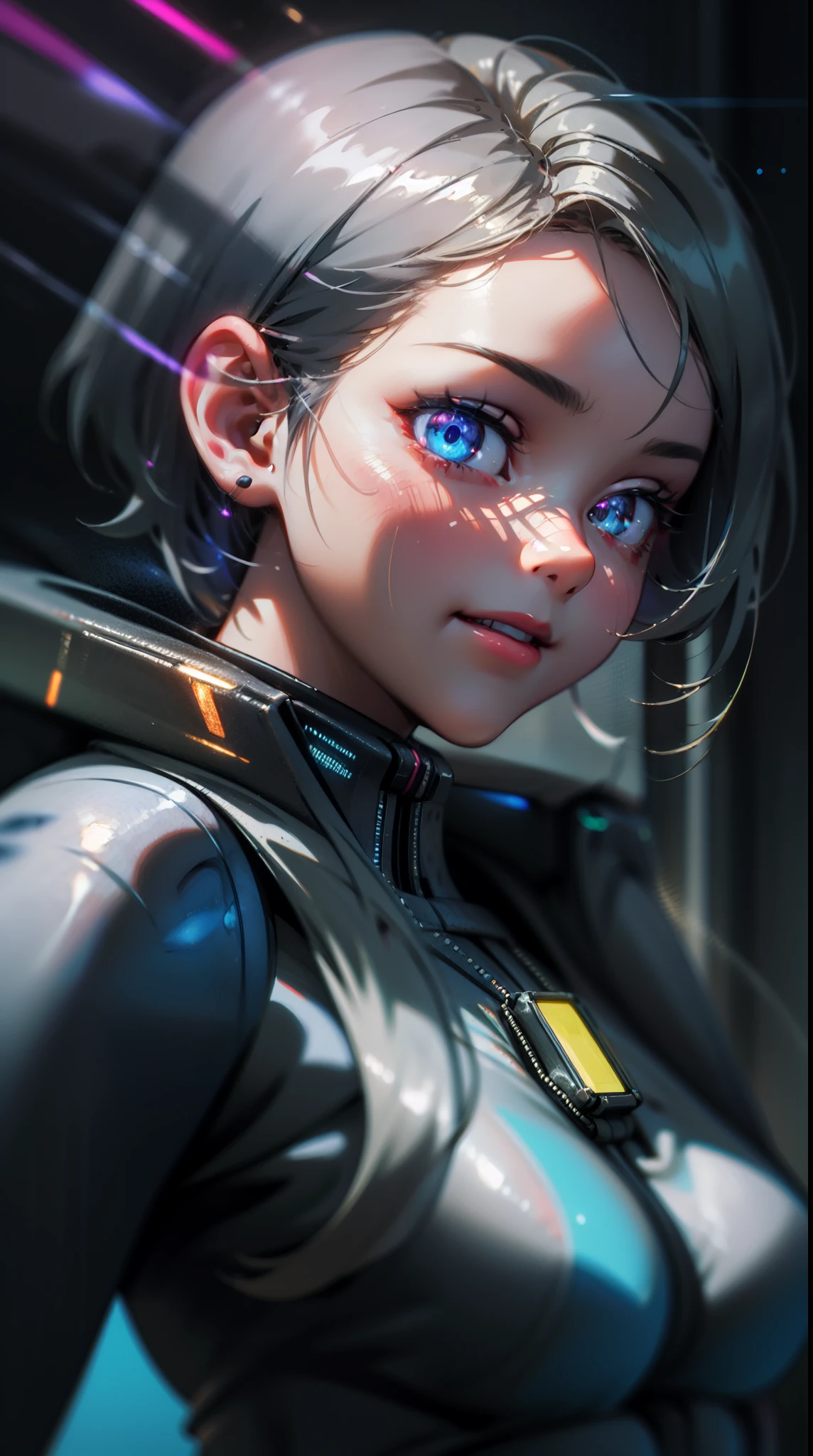 ((masterpiece)), best quality, 8k, high quality, high resolution, super detailed, ultra detailed, photorealistic, futuristic and finely detailed face and eyes, ultra detailed and detailed skin texture, cybernetic eyes, perfect face, 1 girl, sleek silver hair, (high-tech suit), augmented reality visor, (advanced enhancements), holding a holographic interface, standing in a bustling futuristic city, determined expression, ((techno smile)), day, technologically advanced metropolis, hovering vehicles, high-tech ambiance, (glowing holograms), (futuristic soundscape), since future dawned, Nova, cybernetic eyes, "The Matrix" inspired background.